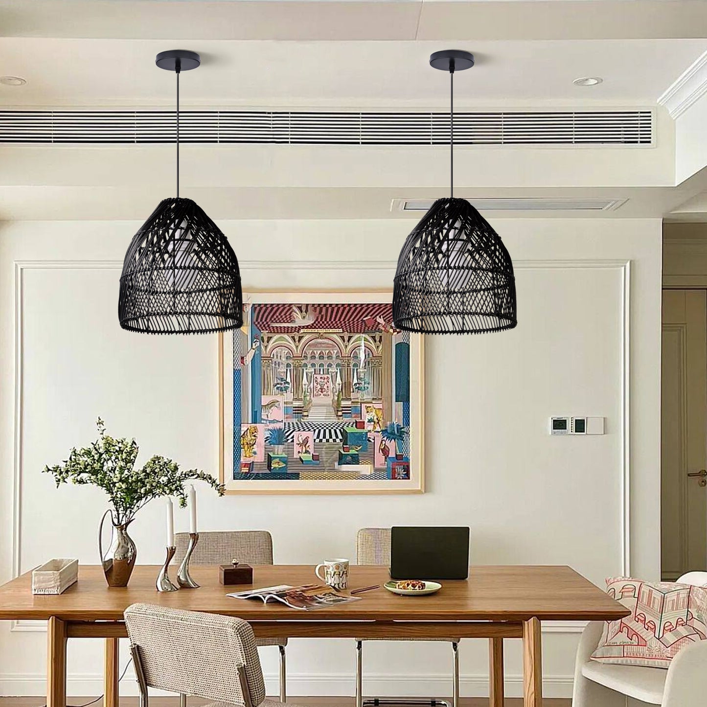 (Q)Handcrafted Rattan Decorative Pendant Light, Modern Industrial Style Black Rattan Pendant Light, Suitable for Restaurant Kitchen Islands