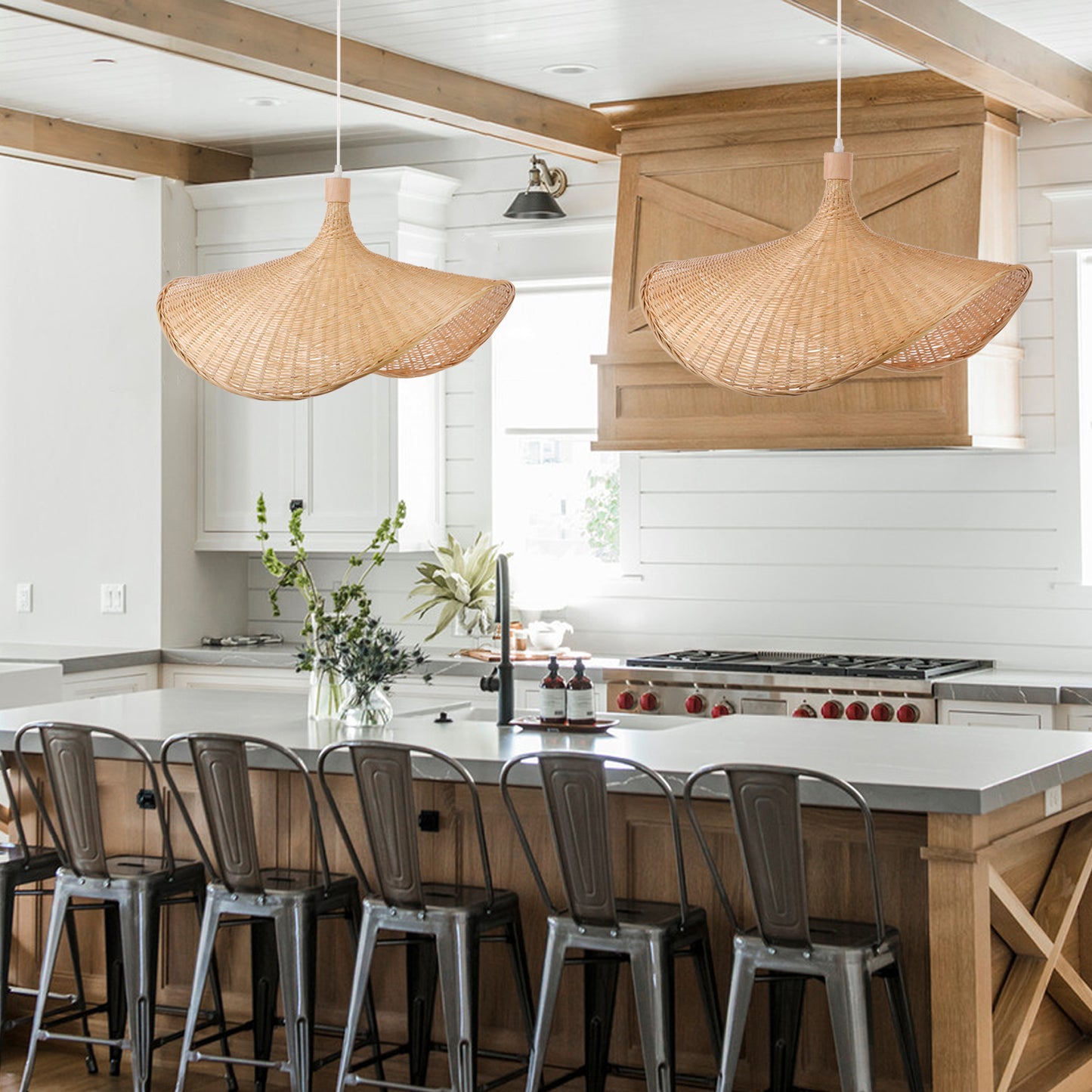 (Q)Handmade Bamboo Pendant Light, Bohemian Style Bamboo Fan Lampshade Pendant Light, Suitable for Kitchen, Living Room, Bedroom