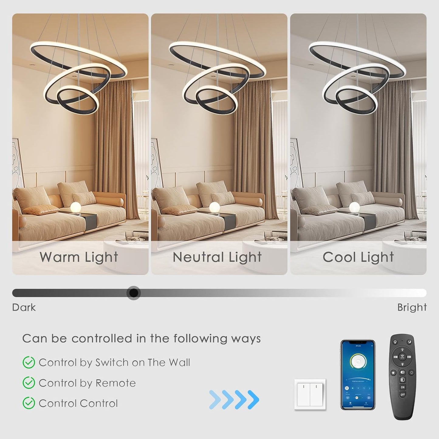 (P)Dining Table Light 60cm Height Adjustable, 45W 3 Flame Pendant Light Dimmable with Remote Control LED Pendant Light