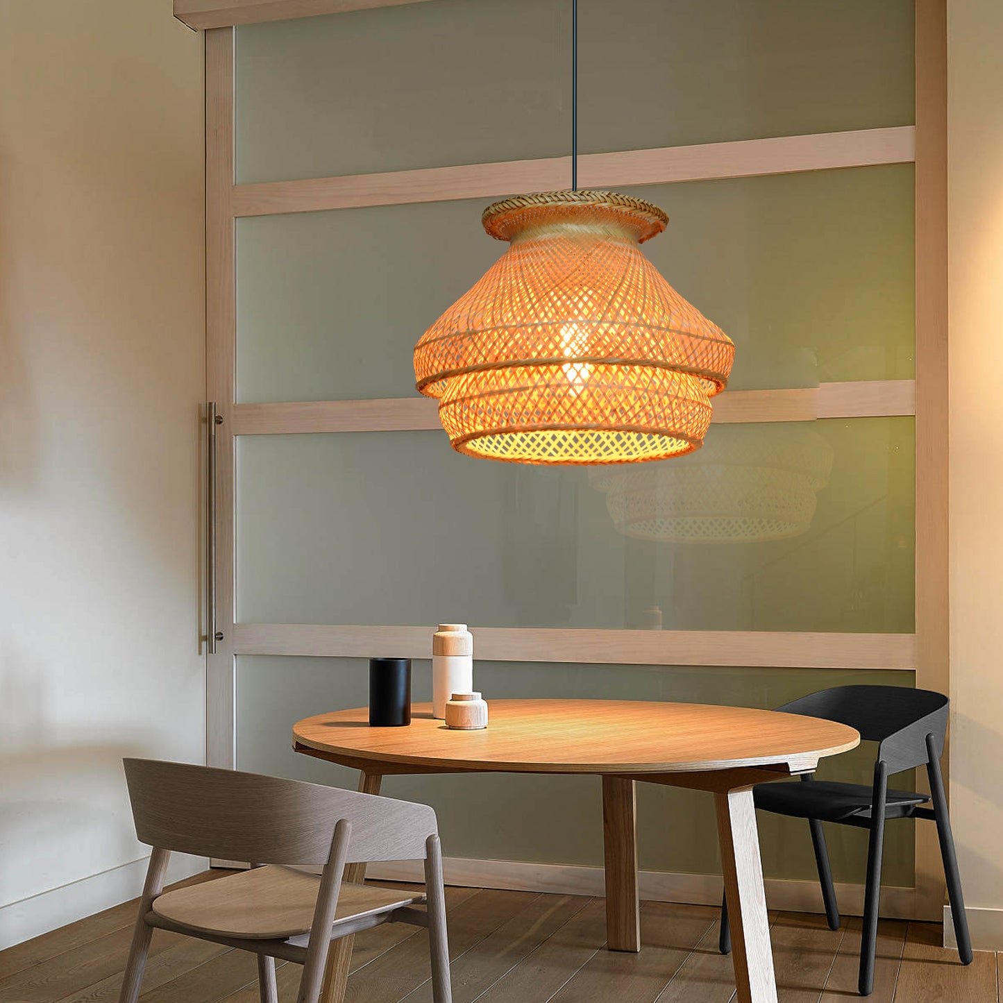 (Q)Handmade Rattan Pendant Light, Countryside Style Double-Layer Lampshade Pendant Light, Suitable for Bedrooms, Living Rooms, Kitchens