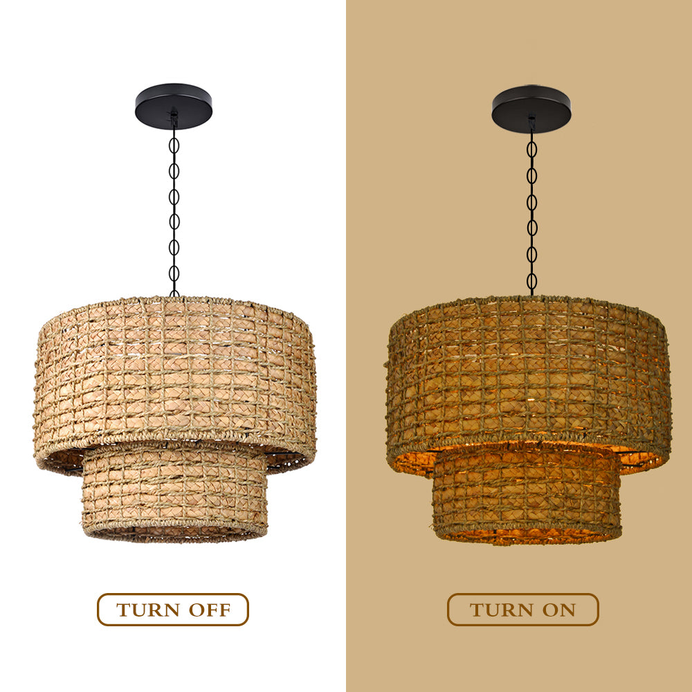 (M)ARTURESTHOME Pendant Light Fixture Rattan Drum Shade Chandelier For Living Room