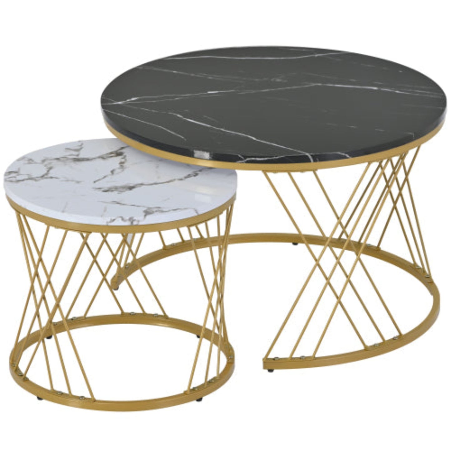 Golden Modern Nesting Coffee Tables,Marble Veneer, Round Set of 2