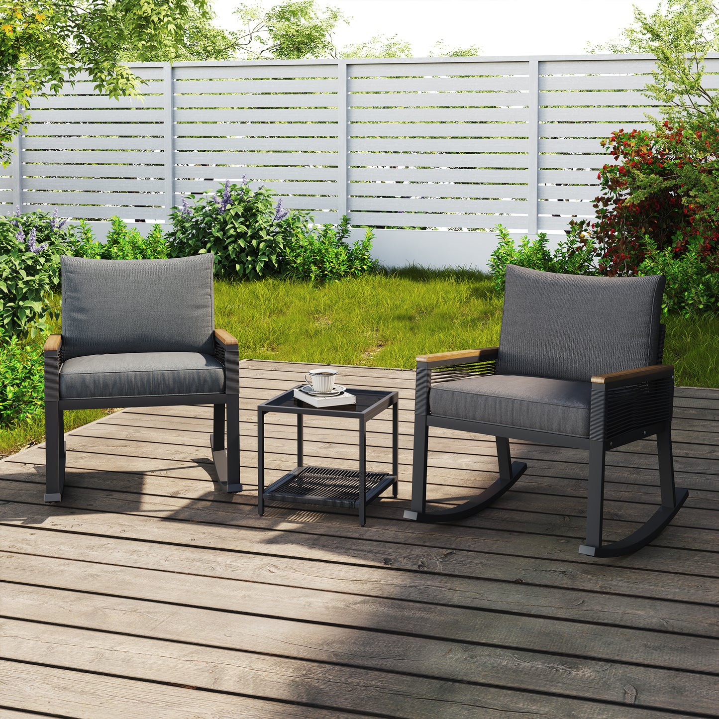 3-piece set, rope rocking chair set, glass coffee table with seat cushion and backrest, suitable for garden, terrace