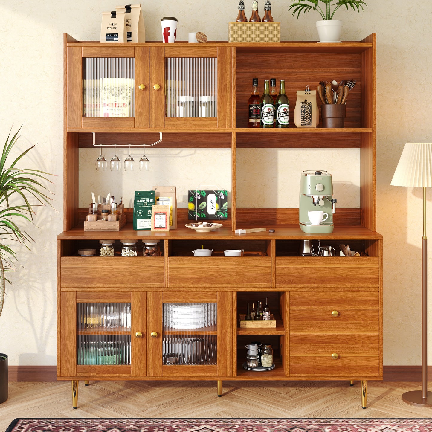 Restaurant Tall Cabinet with Changhong Glass Door, Wine Glass Rack, and Multi-Layer Storage (145x39x171cm)