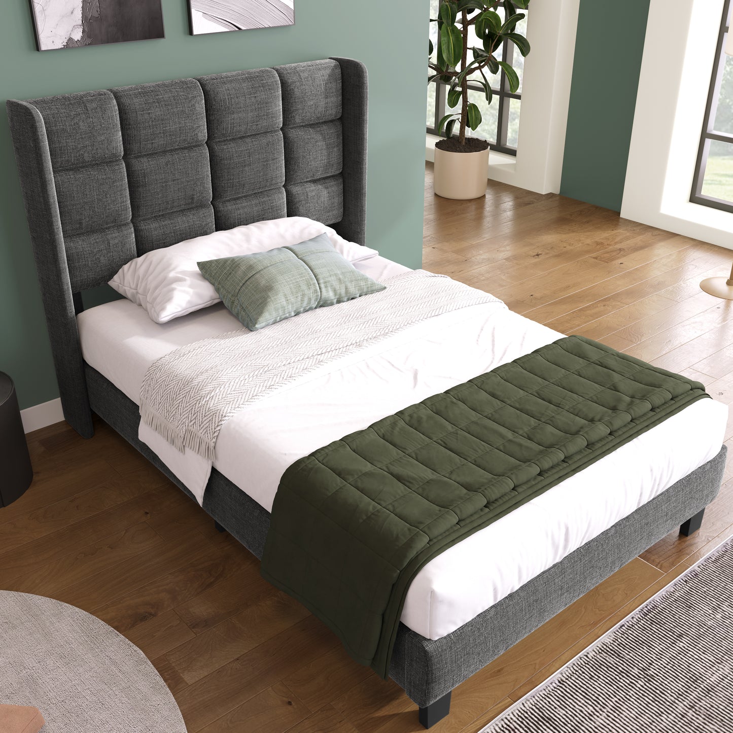 (Z)Modern Design Upholstered Bed - 90x200cm Grey Linen Single Bed with Headboard, Mattress Not Included
