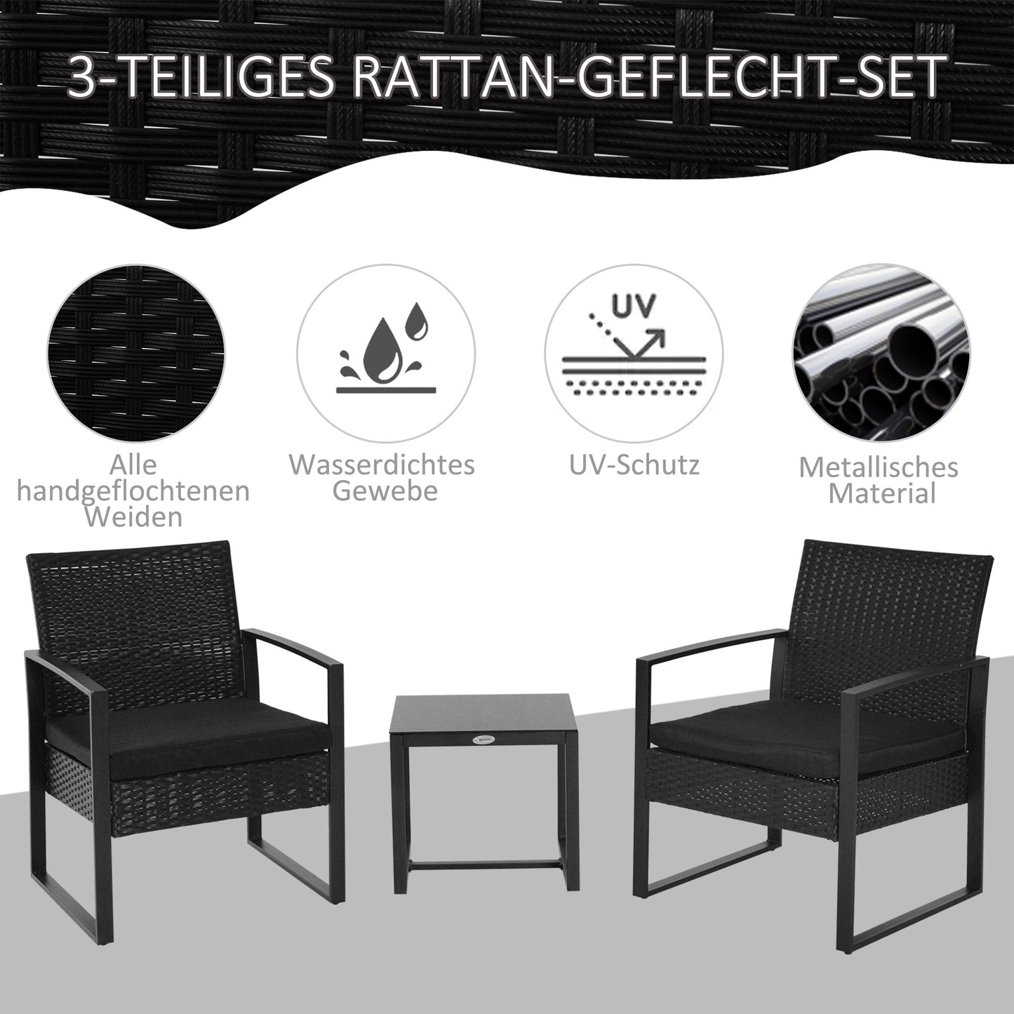 Polyrattan garden set, balcony furniture set with cushions, black, weatherproof, contemporary style, for patio and garden