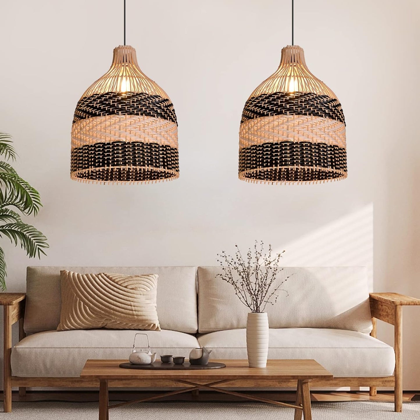 (M)ARTURESTHOME Pendant Light Fixture Black Rattan Drum Shade 1 Light Hanging Chandelier For Living Room