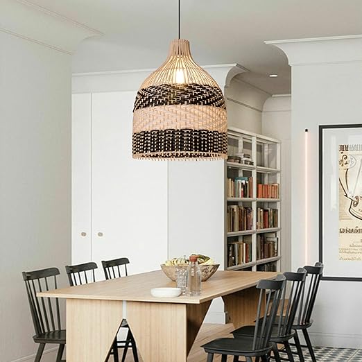 (M)ARTURESTHOME Pendant Light Fixture Black Rattan Drum Shade 1 Light Hanging Chandelier For Living Room