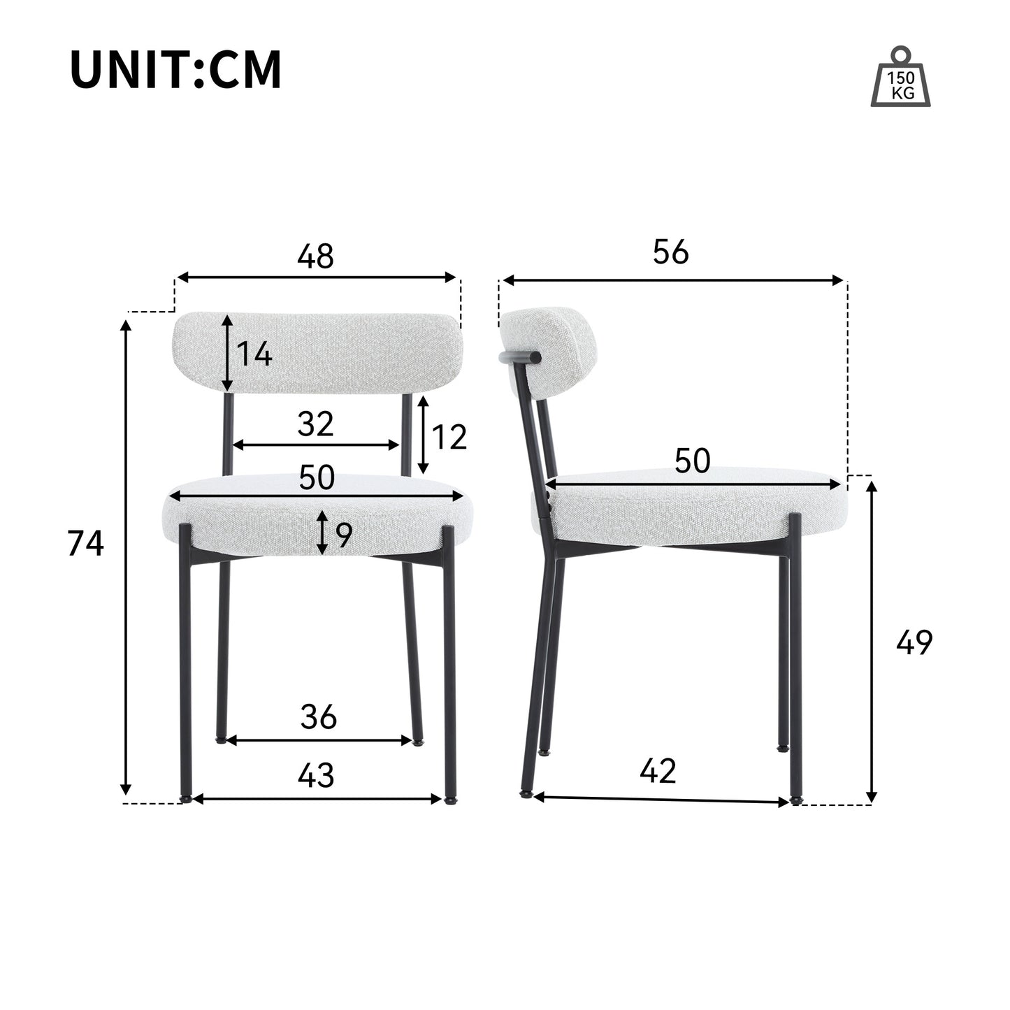 Modern Dining Chairs Set of 2, Round Padded Terry Cloth, Multi-room Suitable