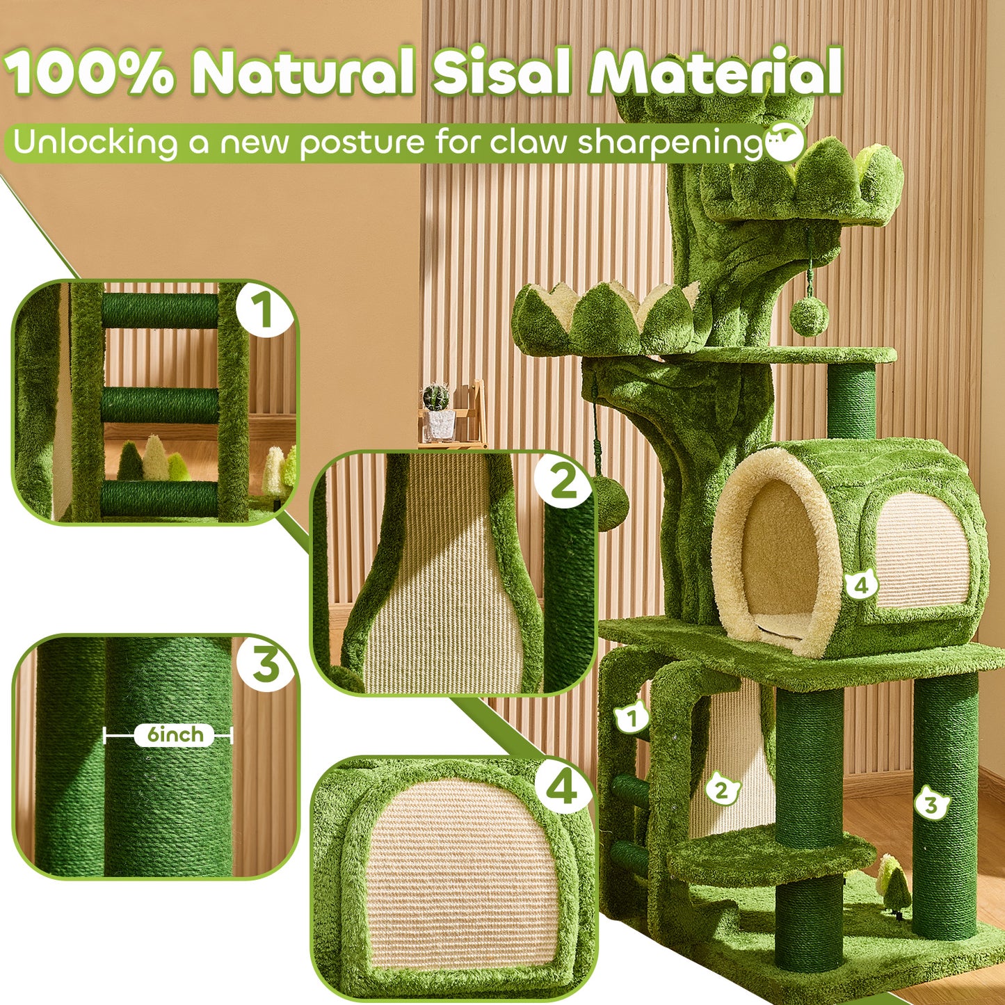 80.3" Deluxe Lotus Cat Tree for Indoor Adult Cats with 2 Hidden Cat Feeding Holes, Ladder, Double-Sided Pad House, 2 Sisal Scratching Posts
