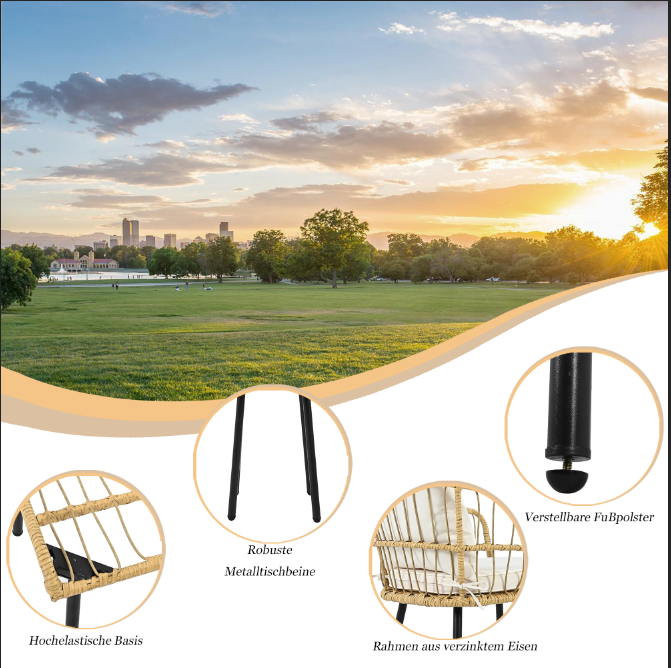 5-piece garden lounge set, including 1 dining table, 2 chairs, 2 stools, furniture, rattan, natural