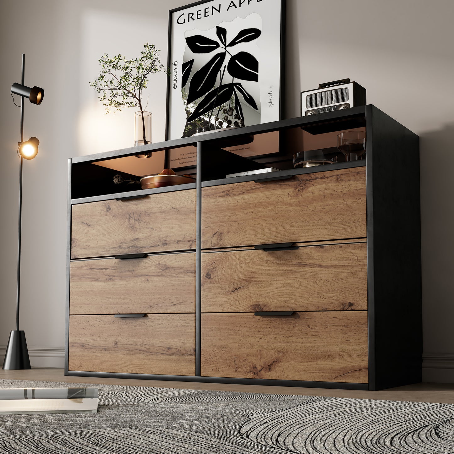 Amber Glass Metal Handle Sideboard-6 Drawers, 2 Compartments, Oak Finish