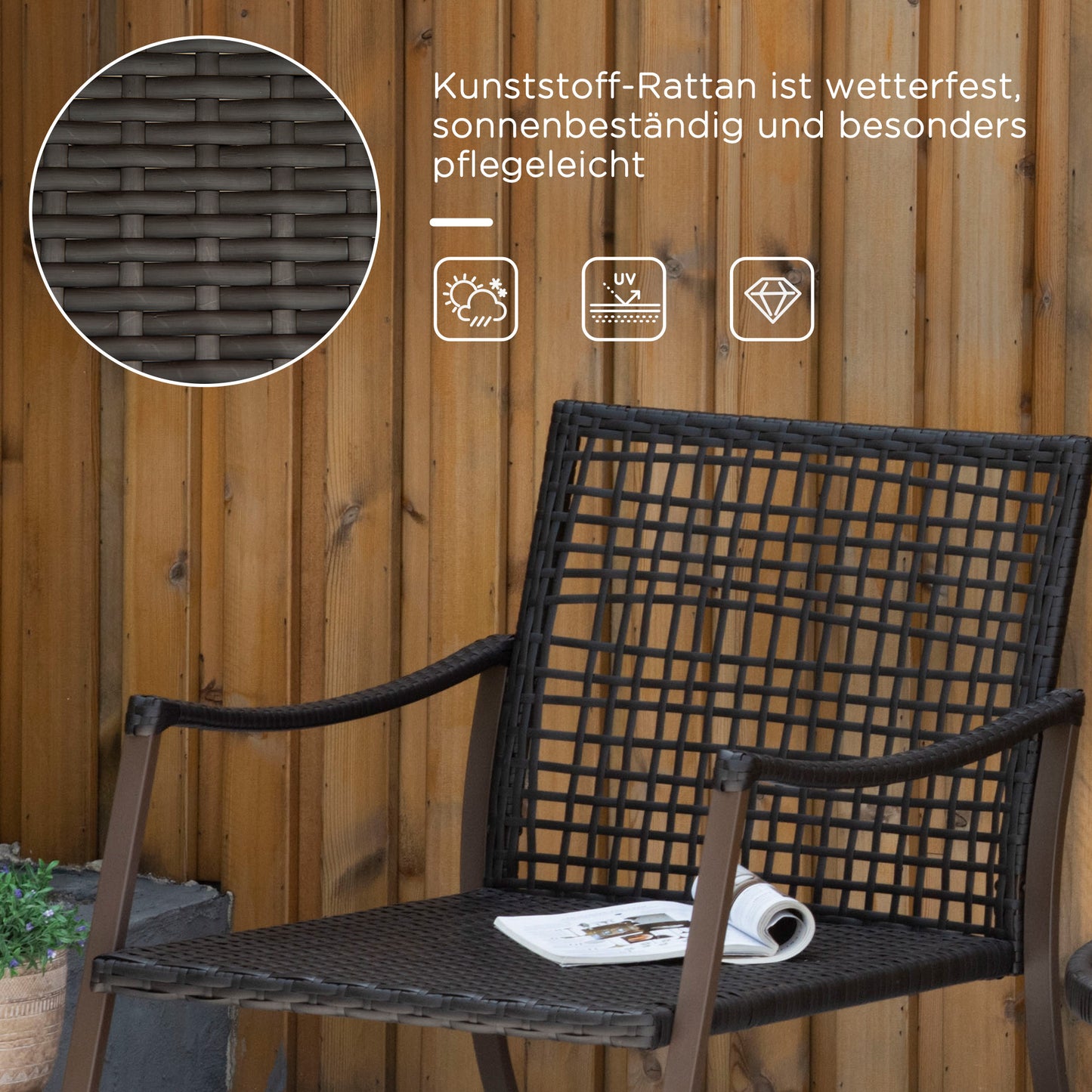 Garden set, for 2 people, rocking chair set with cushions, rattan, brown + white