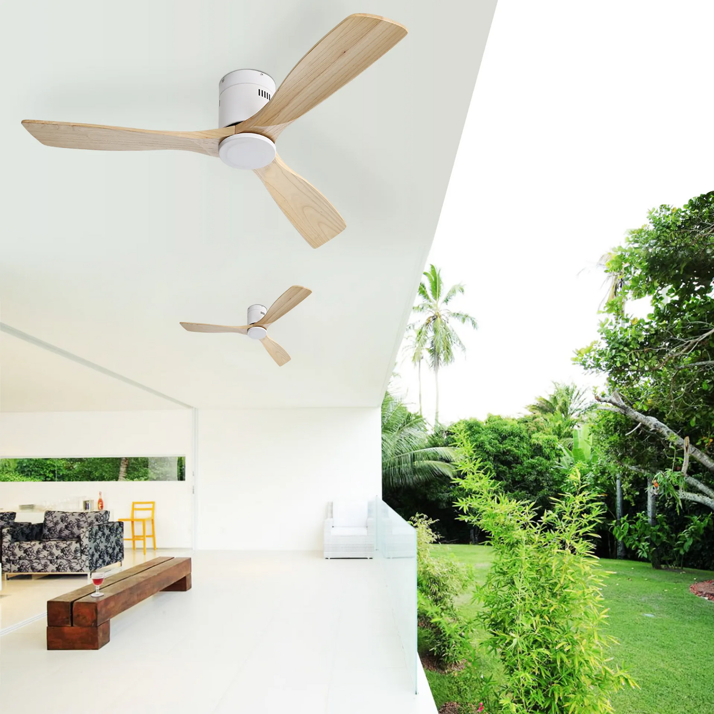 52" Natural Wood Ceiling Fan with 3 Wood Solid Blades, Reversible DC Motor, Remote Control for Living Room