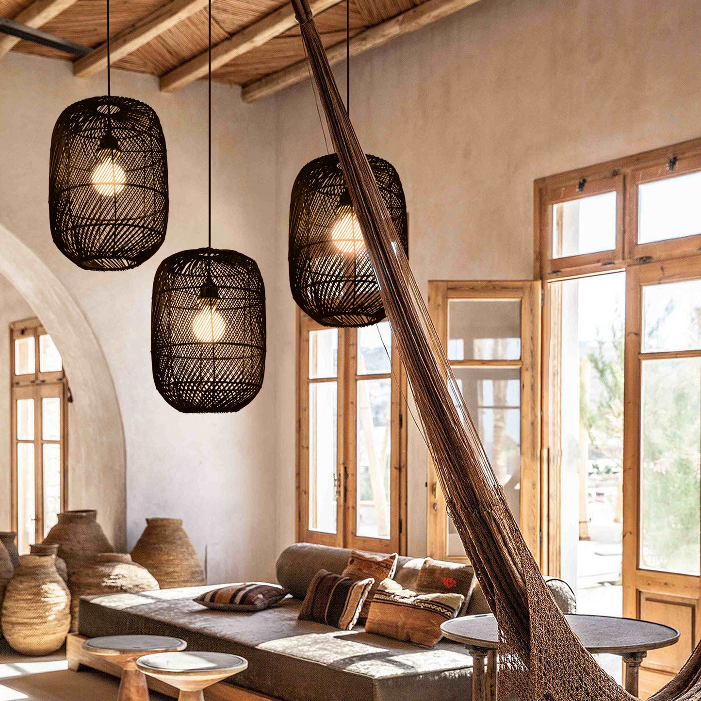 (Q)11.8 Inch Black Rattan Hand Woven Pendant Light, Bohemian Style Rattan Woven Pendant Light, Suitable for Bedrooms, Living Rooms, Kitchens