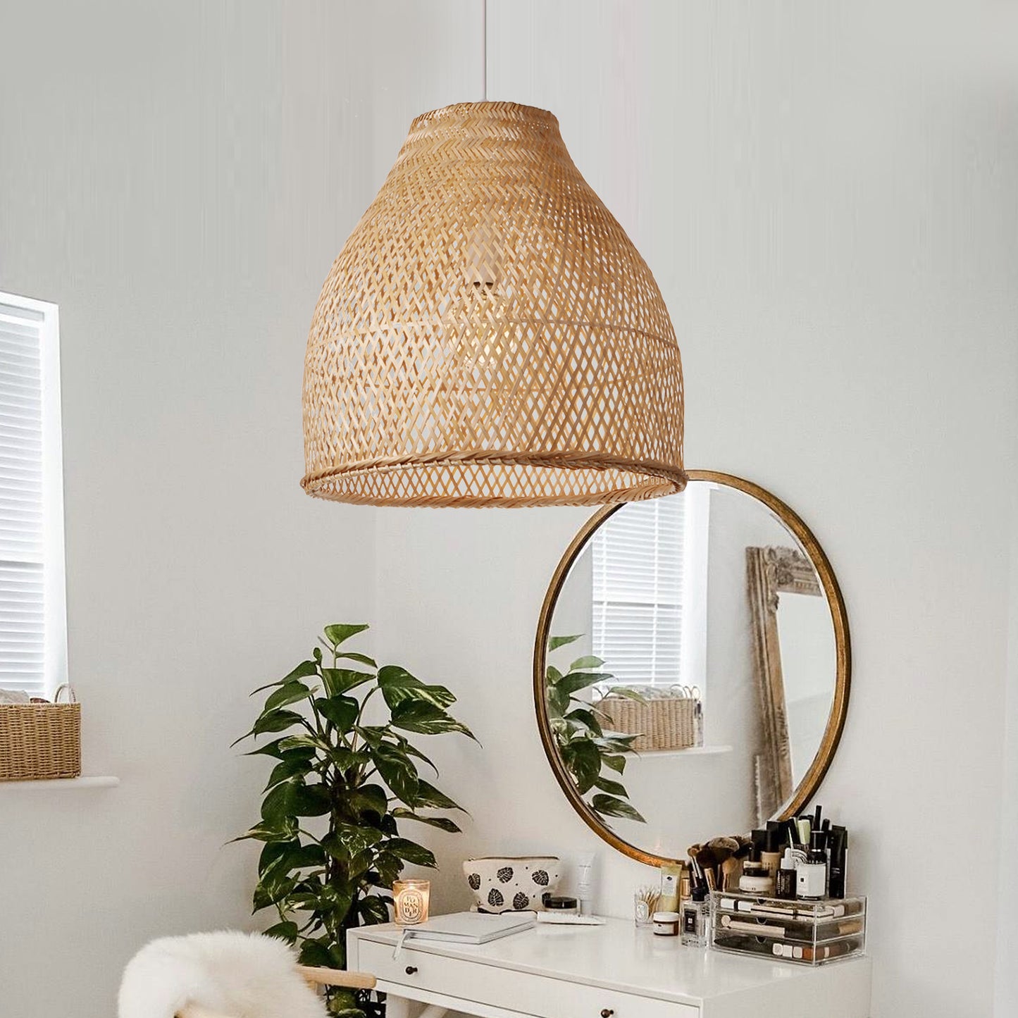 (Q)Handmade Woven Bamboo Pendant Light,Bohemian Style Cage Lampshade Pendant Light, Suitable for Restaurants,Bedrooms, Farmhouses