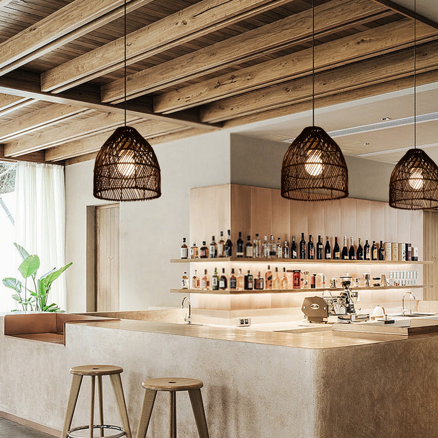 (Q)Handcrafted Rattan Decorative Pendant Light, Modern Industrial Style Black Rattan Pendant Light, Suitable for Restaurant Kitchen Islands