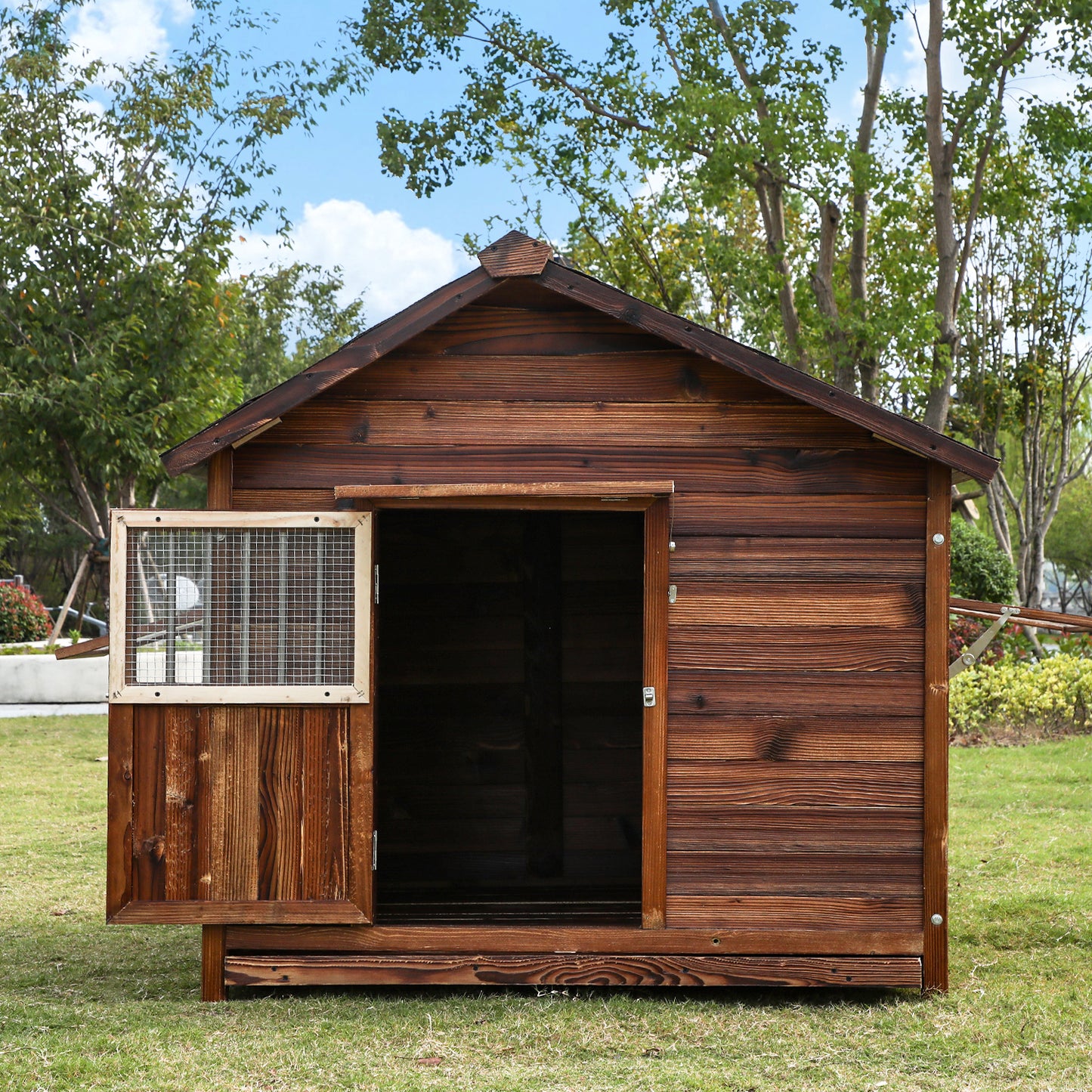 Outdoor Dog House Weatherproof with Window, Pine Wood Dog House with Elevated Floor for Large Dogs, Extra Large Dog House with Waterproof Roof