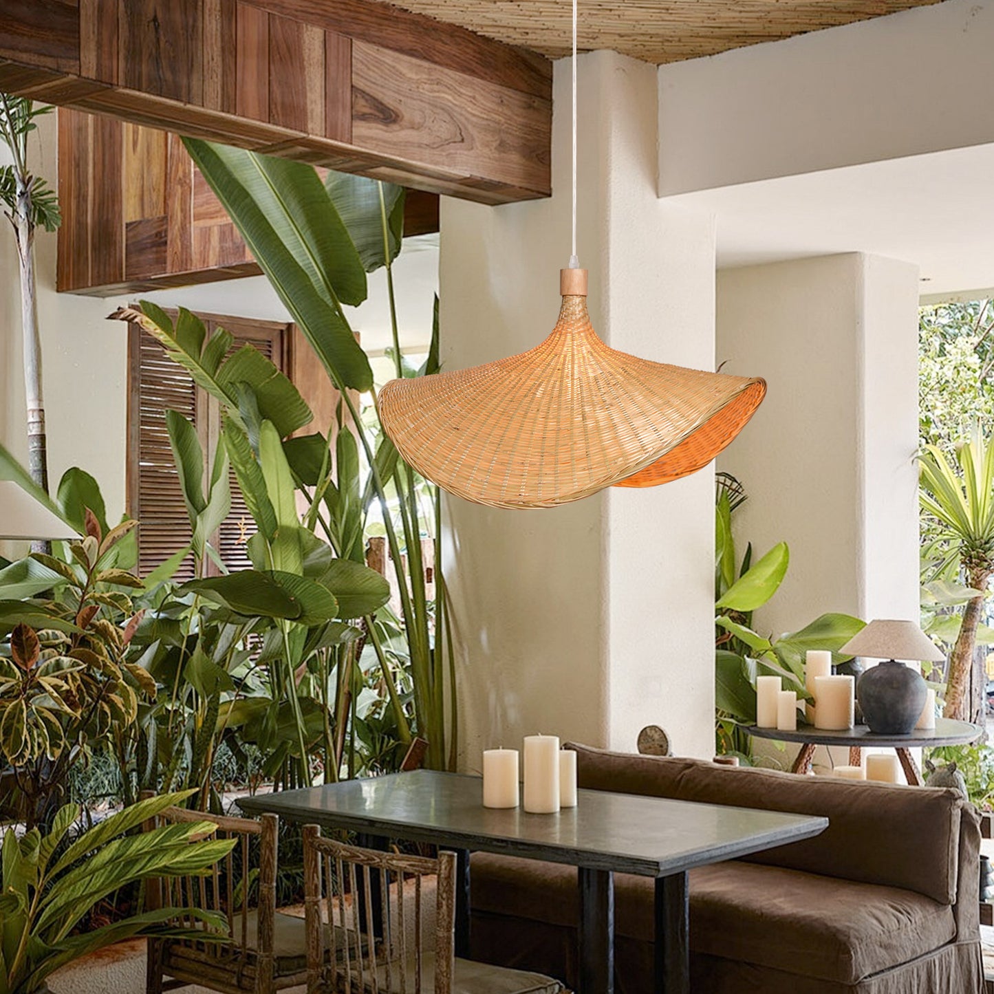 (Q)Handmade Bamboo Pendant Light, Bohemian Style Bamboo Fan Lampshade Pendant Light, Suitable for Kitchen, Living Room, Bedroom