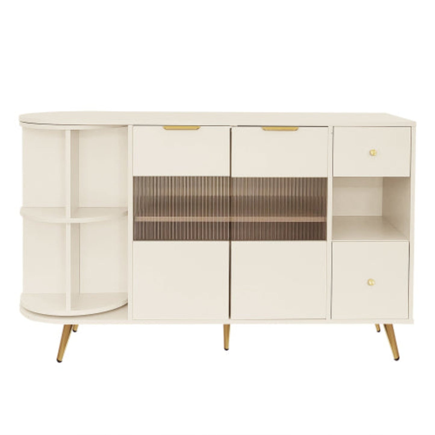 Beige Wooden Sideboard-Sliding Glass Doors, LED Lights, DiningLiving Room Storage Cabinet