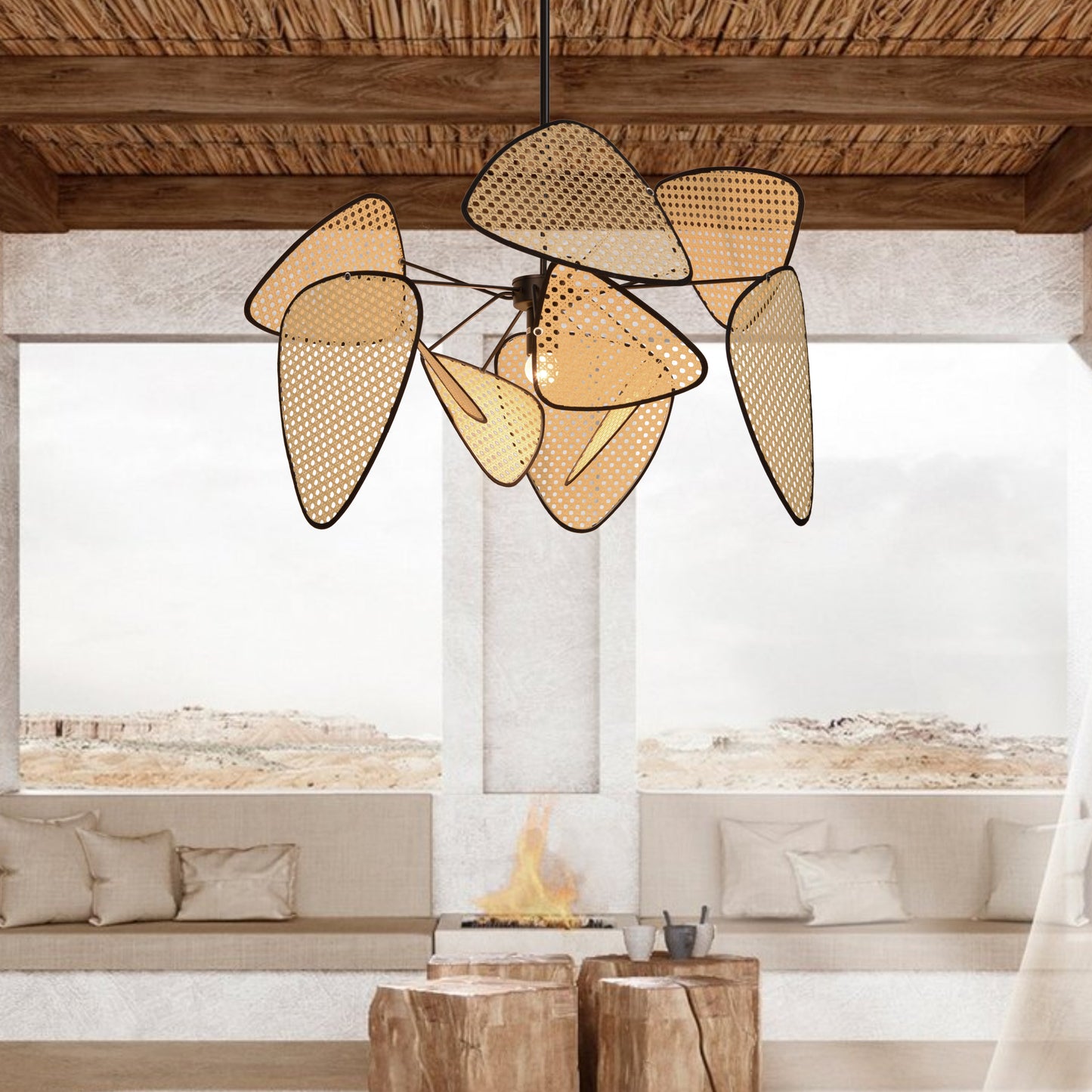 (M)Hollow Fan Blades Combination Rattan Pendant Light Shade For Bedroom Kitchen Island