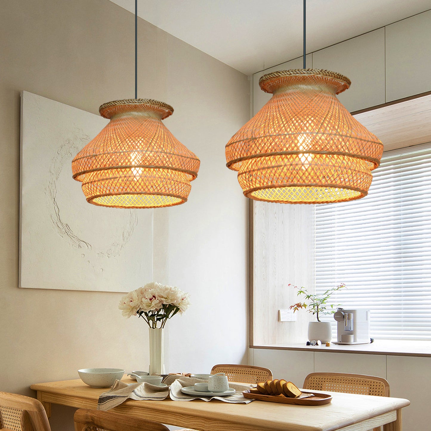 (Q)Handmade Rattan Pendant Light, Countryside Style Double-Layer Lampshade Pendant Light, Suitable for Bedrooms, Living Rooms, Kitchens