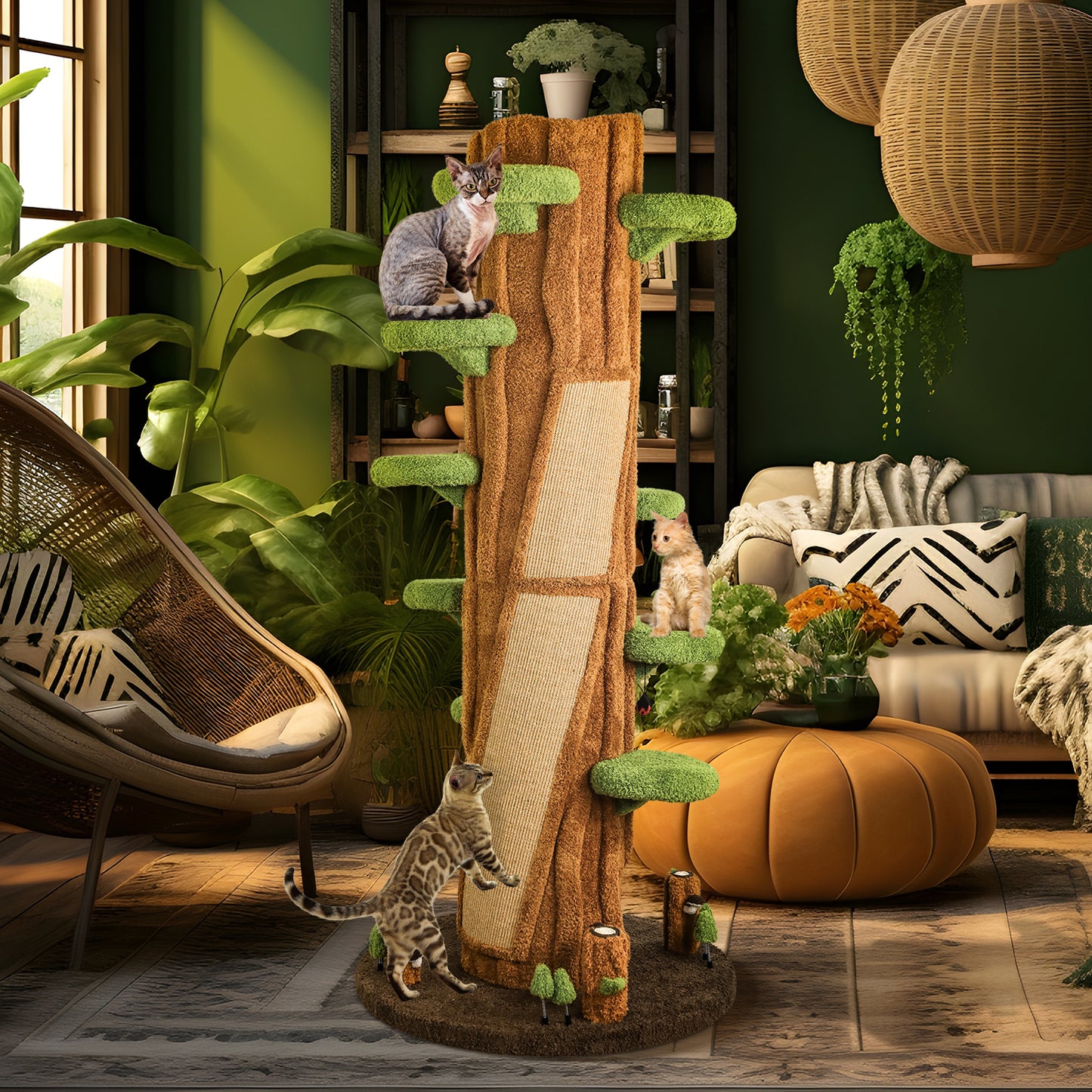Luxury Cat Tree for Indoor Cats, All-in-One Tall Cat Tower with Scratching Post, Multi-Level Cat House, Solid Wood Cat Condo for Multi-Cat Families