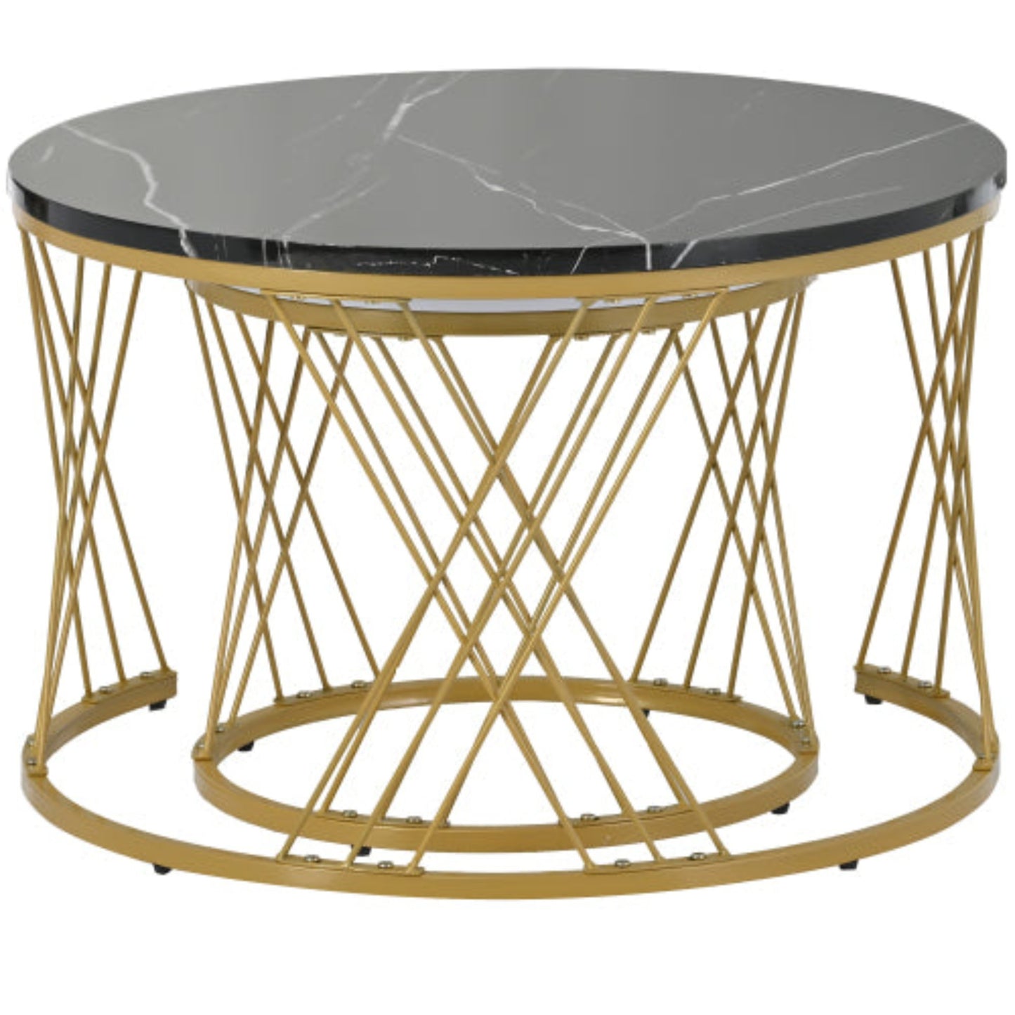 Golden Modern Nesting Coffee Tables,Marble Veneer, Round Set of 2