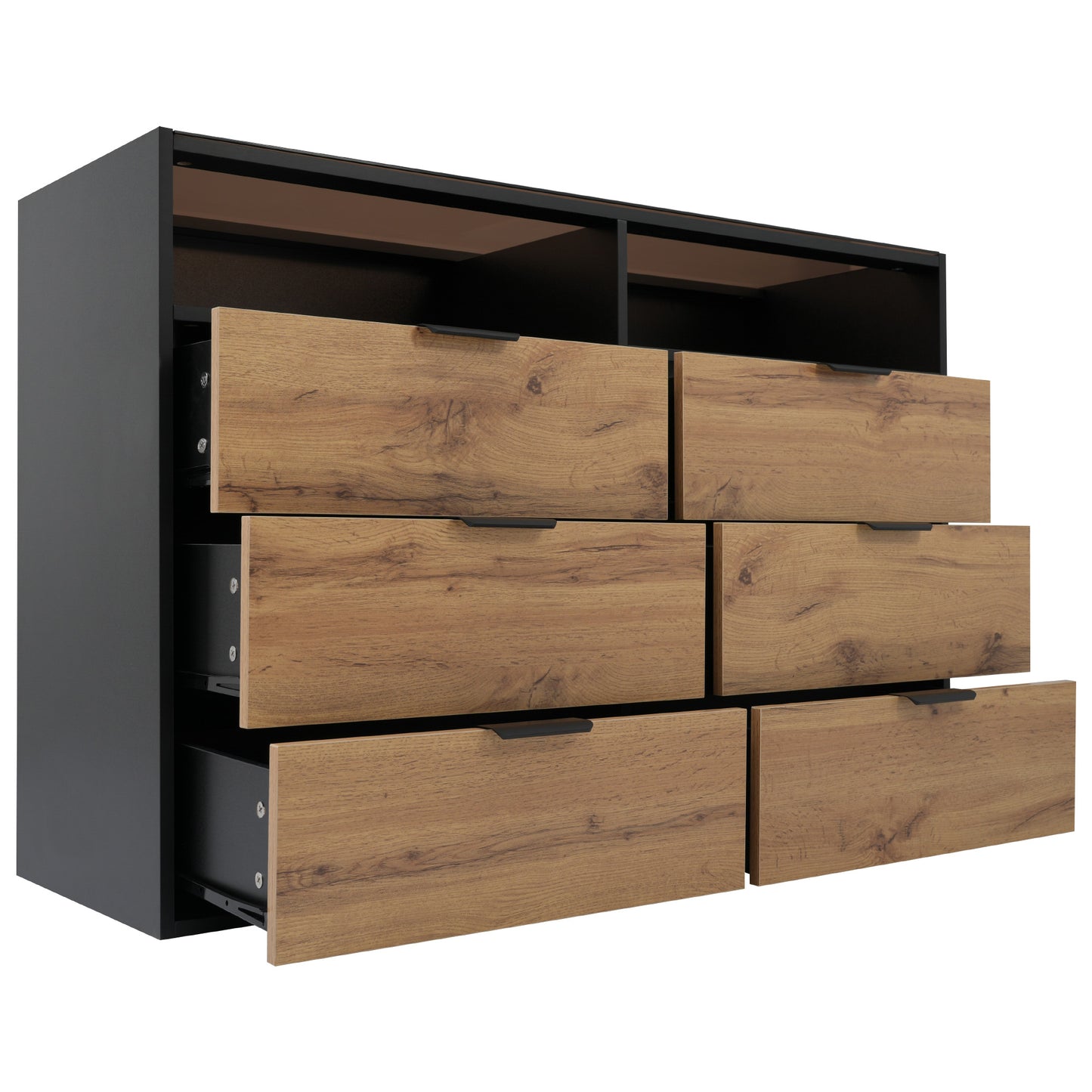 Amber Glass Metal Handle Sideboard-6 Drawers, 2 Compartments, Oak Finish