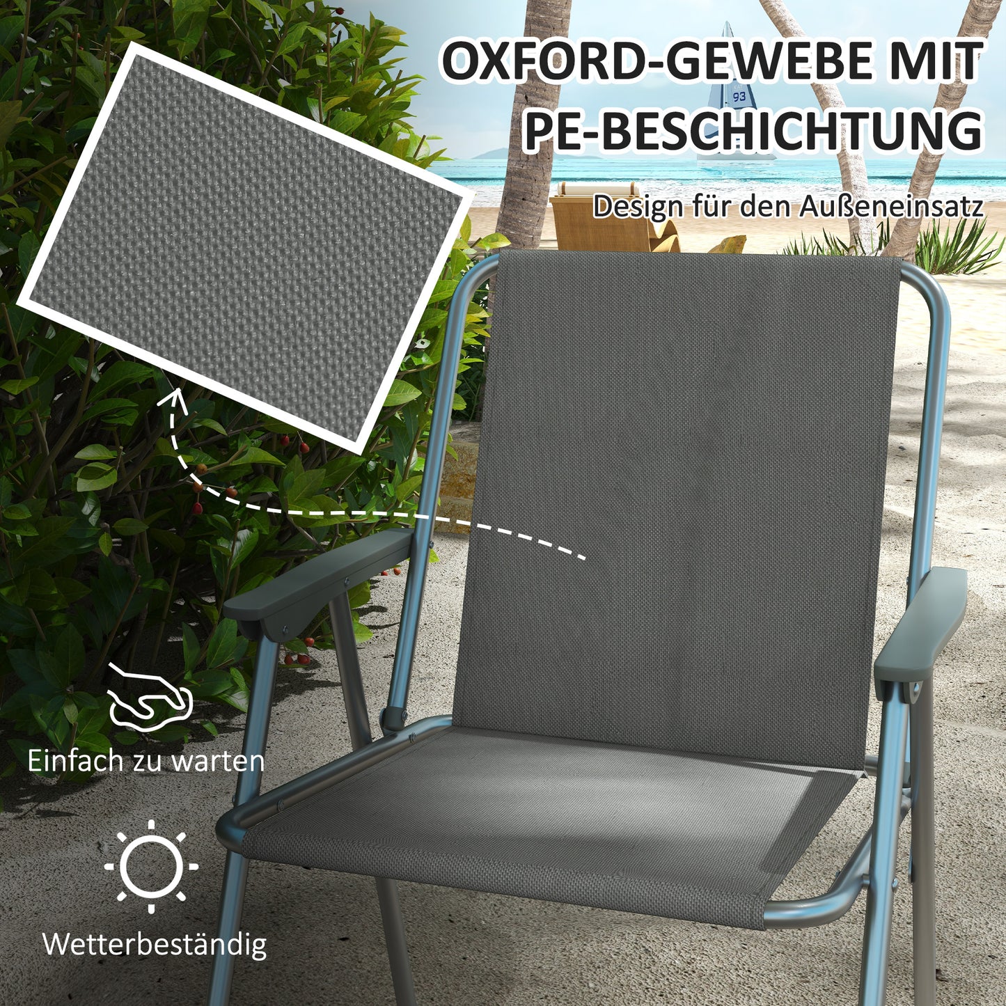 Garden folding chair 4-piece set with backrest armrests, garden balcony camping chair Oxford gray