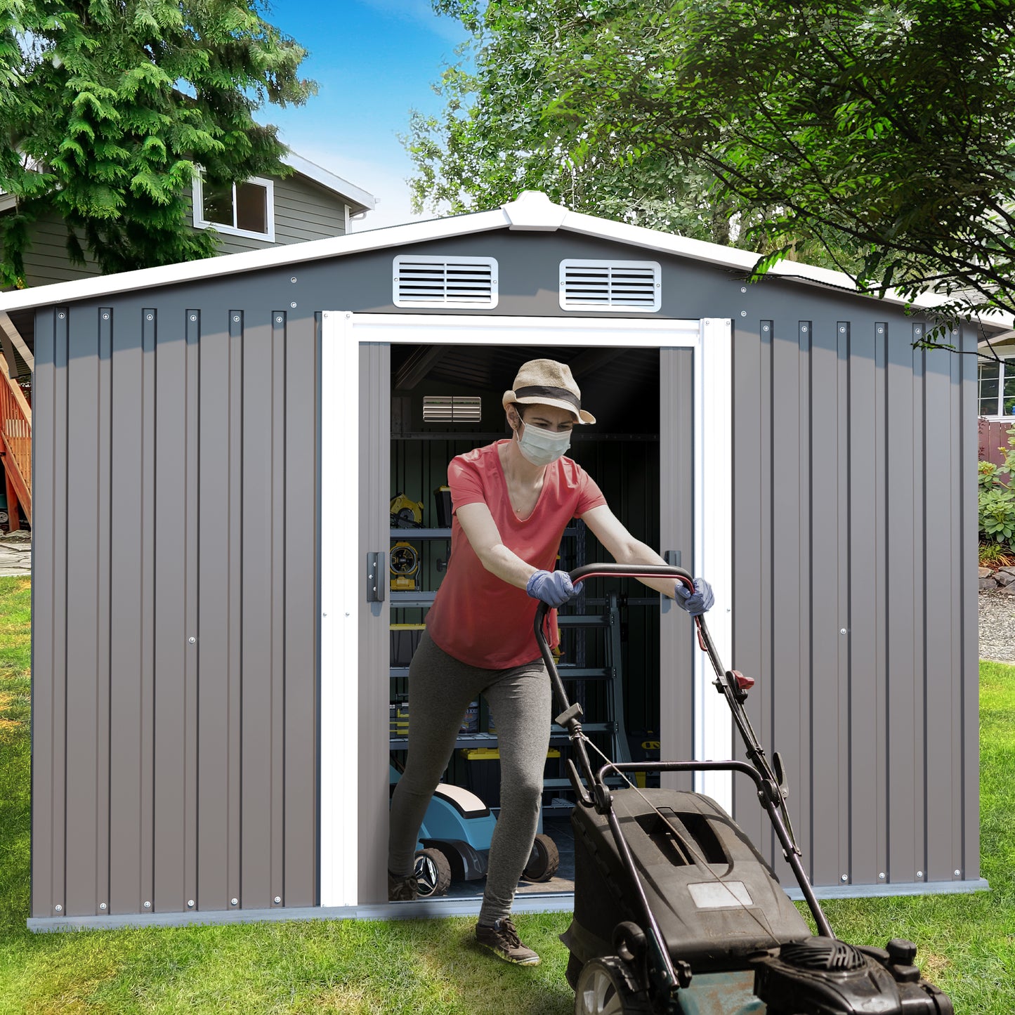 10FT x 8FT Metal Outdoor Storage Shed with Lockable Door, Waterproof & Anti-Corrosion Tool Shed for Backyard, Patio, Lawn & Garden