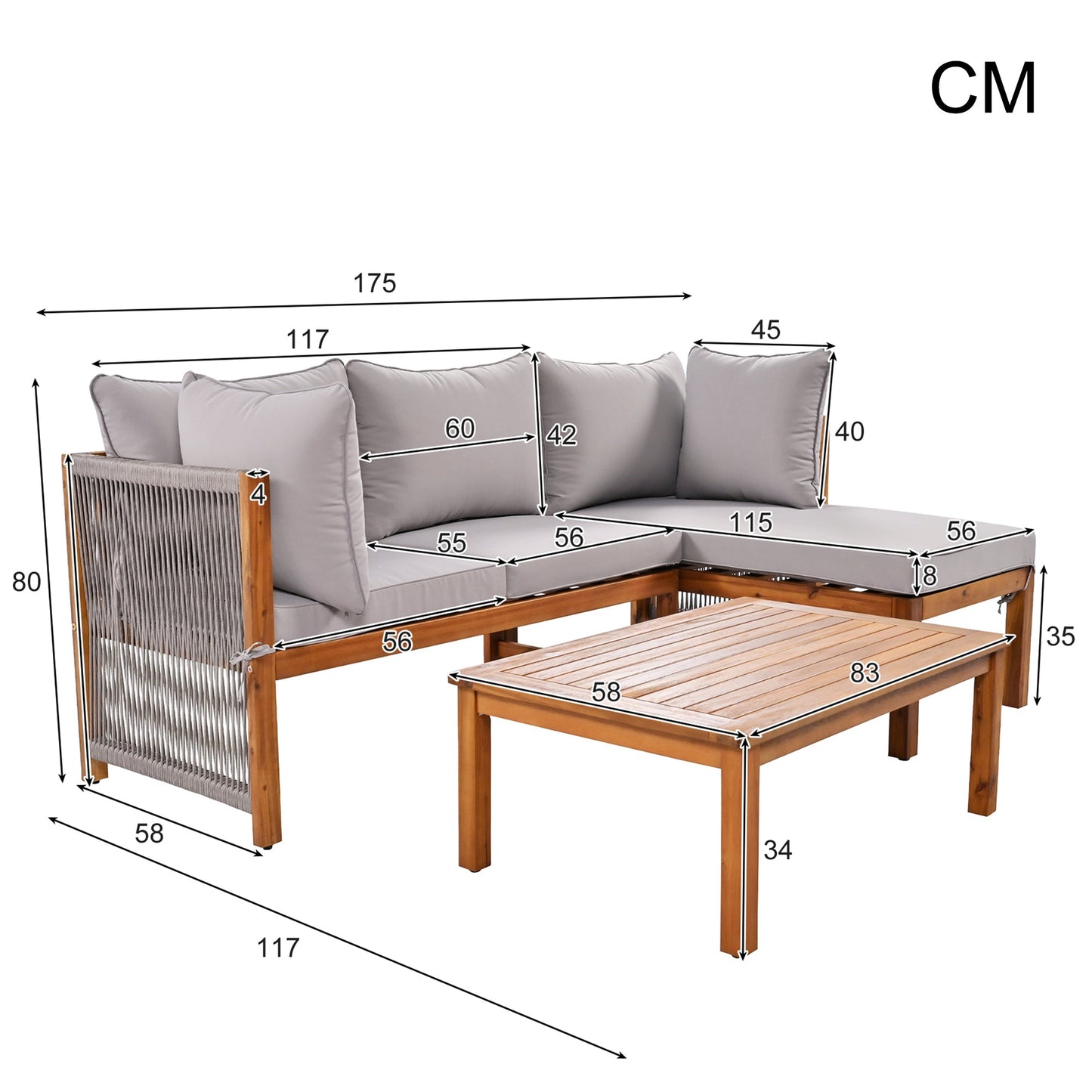 Garden Lounge Chair Set (Set of 3) with Acacia Wood Frame, Grey Rope Armrests, and Adjustable Legs