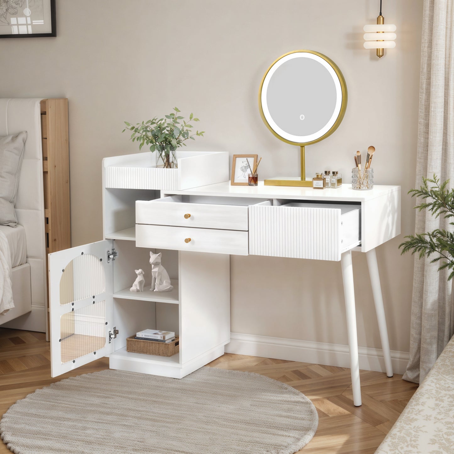 Elegant Vanity Table Set with 3-Color LED Mirror, 3-Drawer Wooden Dressing Table - 120x90x40 cm