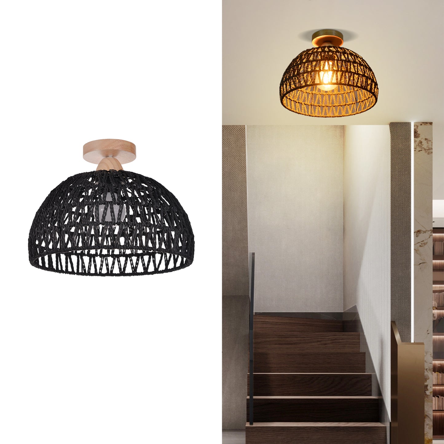 (Q)Black Hemp Rope Rattan Ceiling Light,Bohemian Style Rattan Ceiling Light,Suitable for Kitchen Islands,Corridors,Living Rooms,Bedrooms