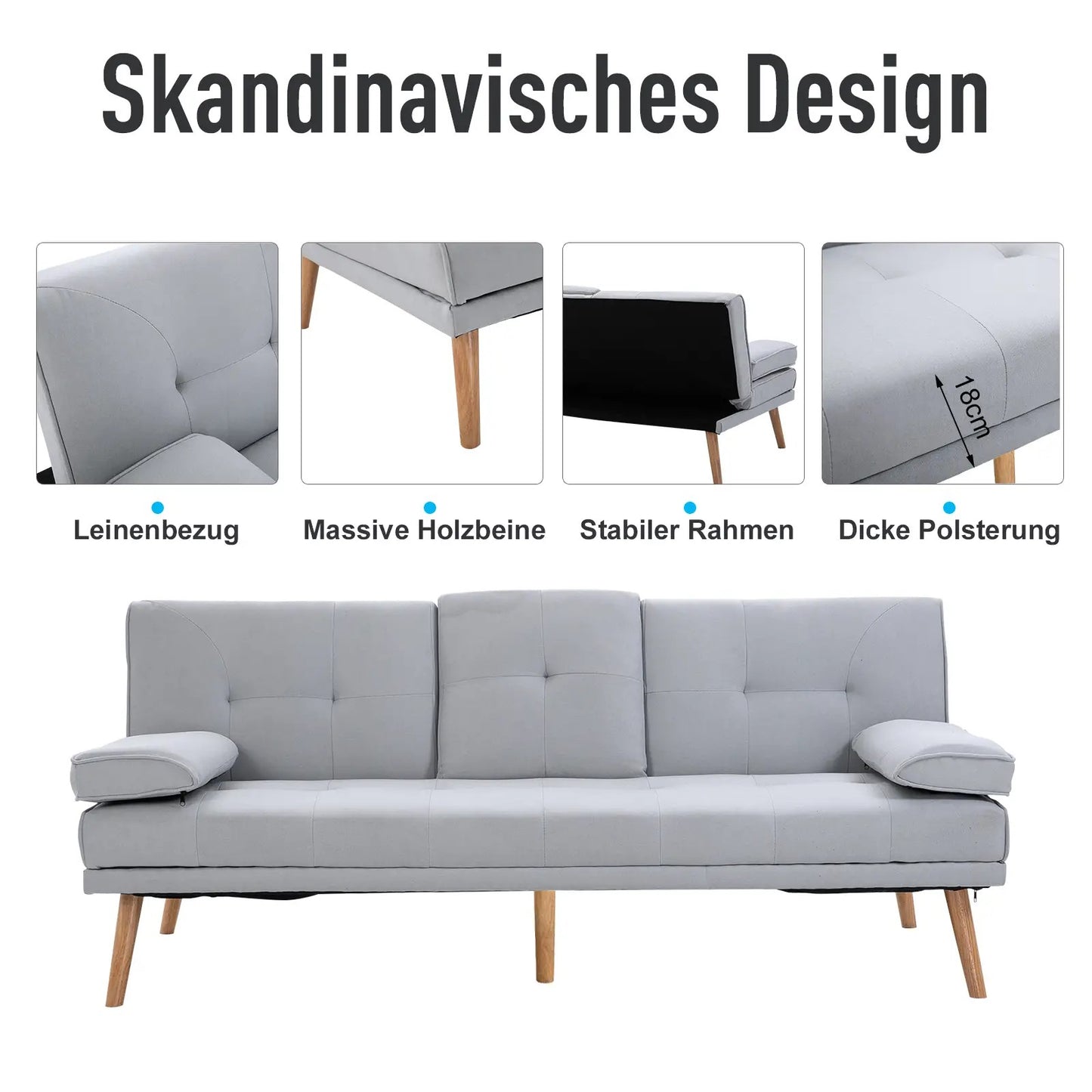 Sofa bed Comfortable sofa bed, 3-seater, sofa bed, linen, light grey, 181x77x72cm