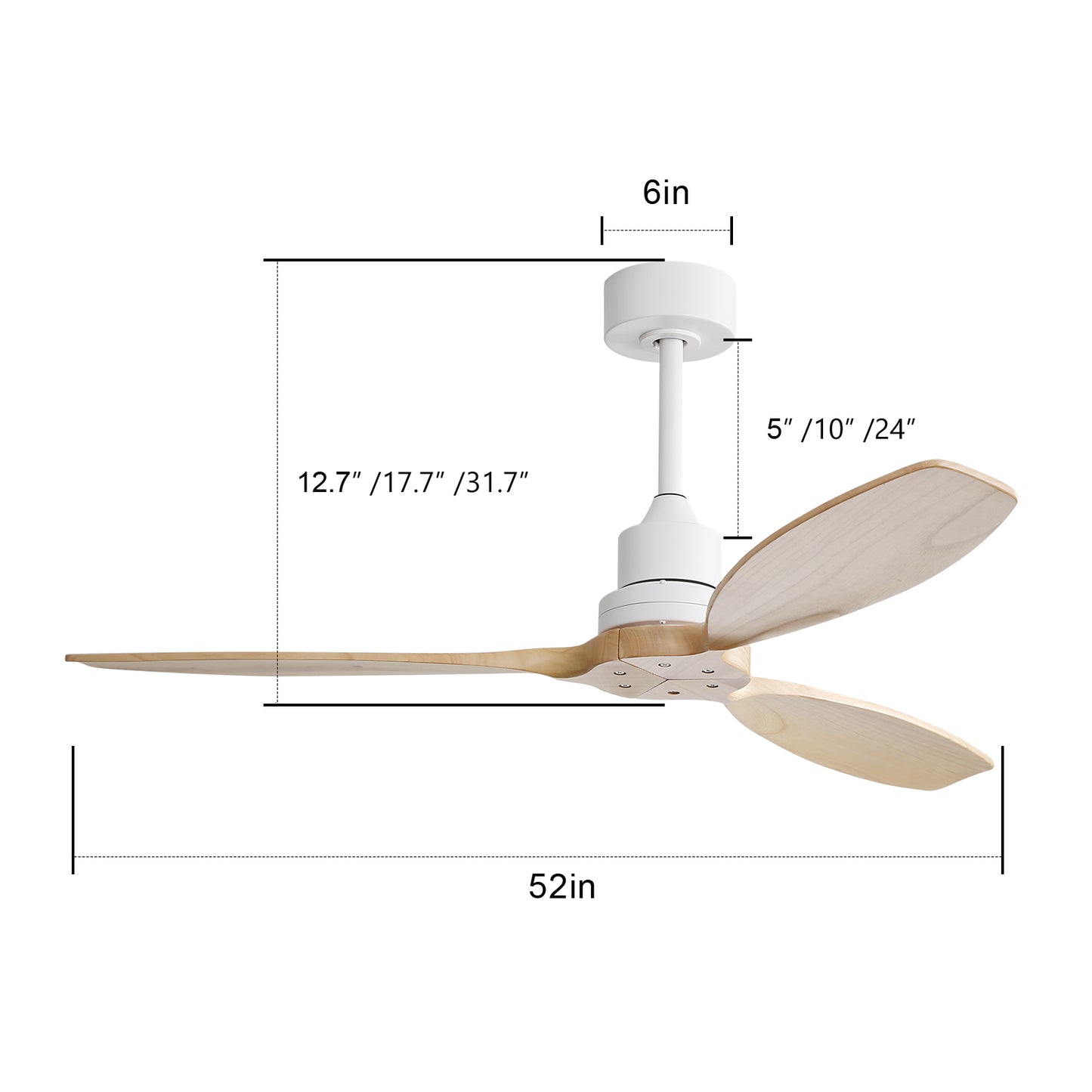 52" Solid Wood Blade Low Profile Ceiling Fan without Light, 6 Speed Remote Control for Patio & Living Room