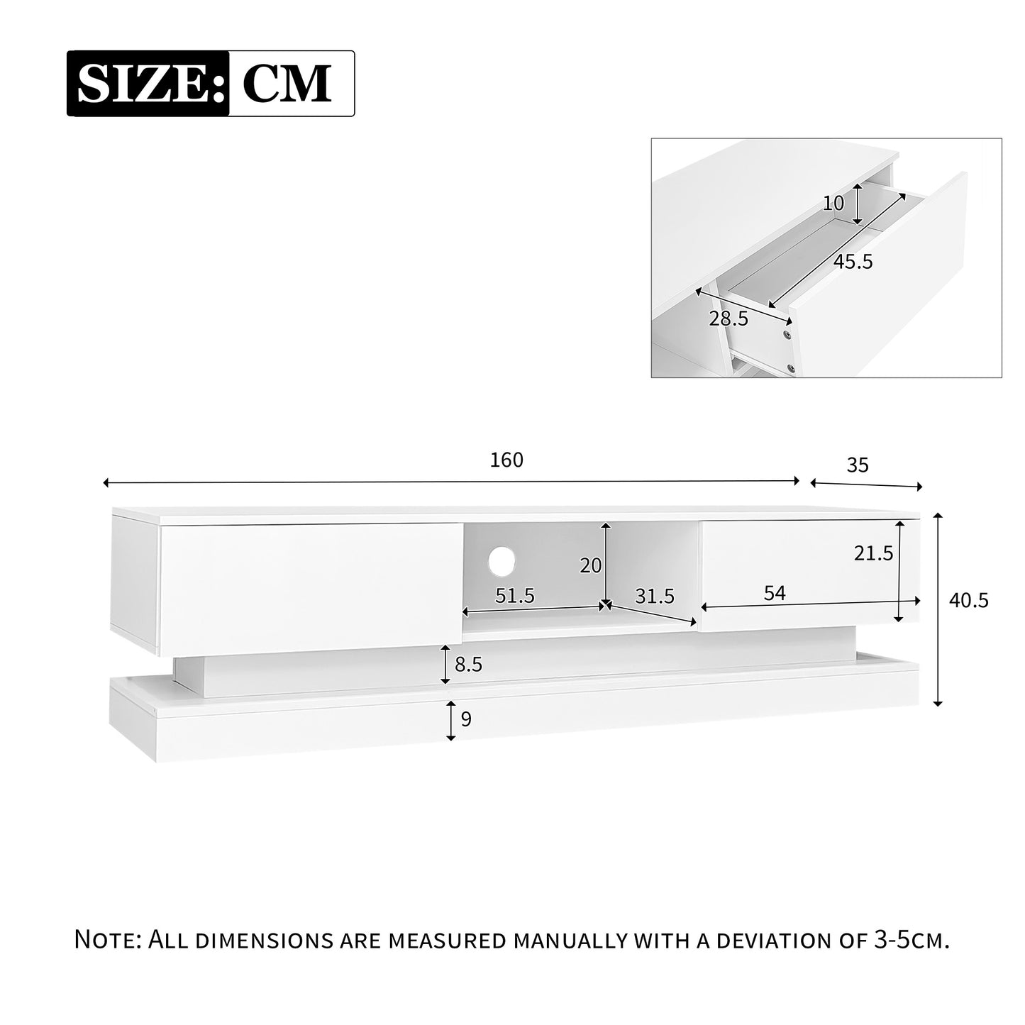 160cm High Gloss TV Cabinet with LED Lighting and 2 Drawers