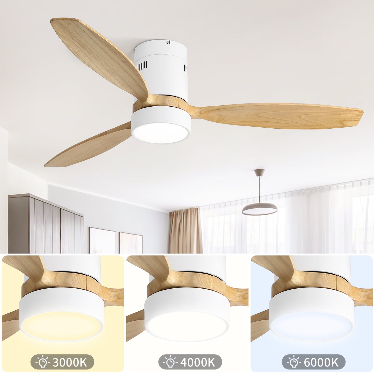 52" Flush Mount Ceiling Fan with DC Motor, 3 Solid Wood Blades, Noiseless Reversible Motor, Remote Control & Light