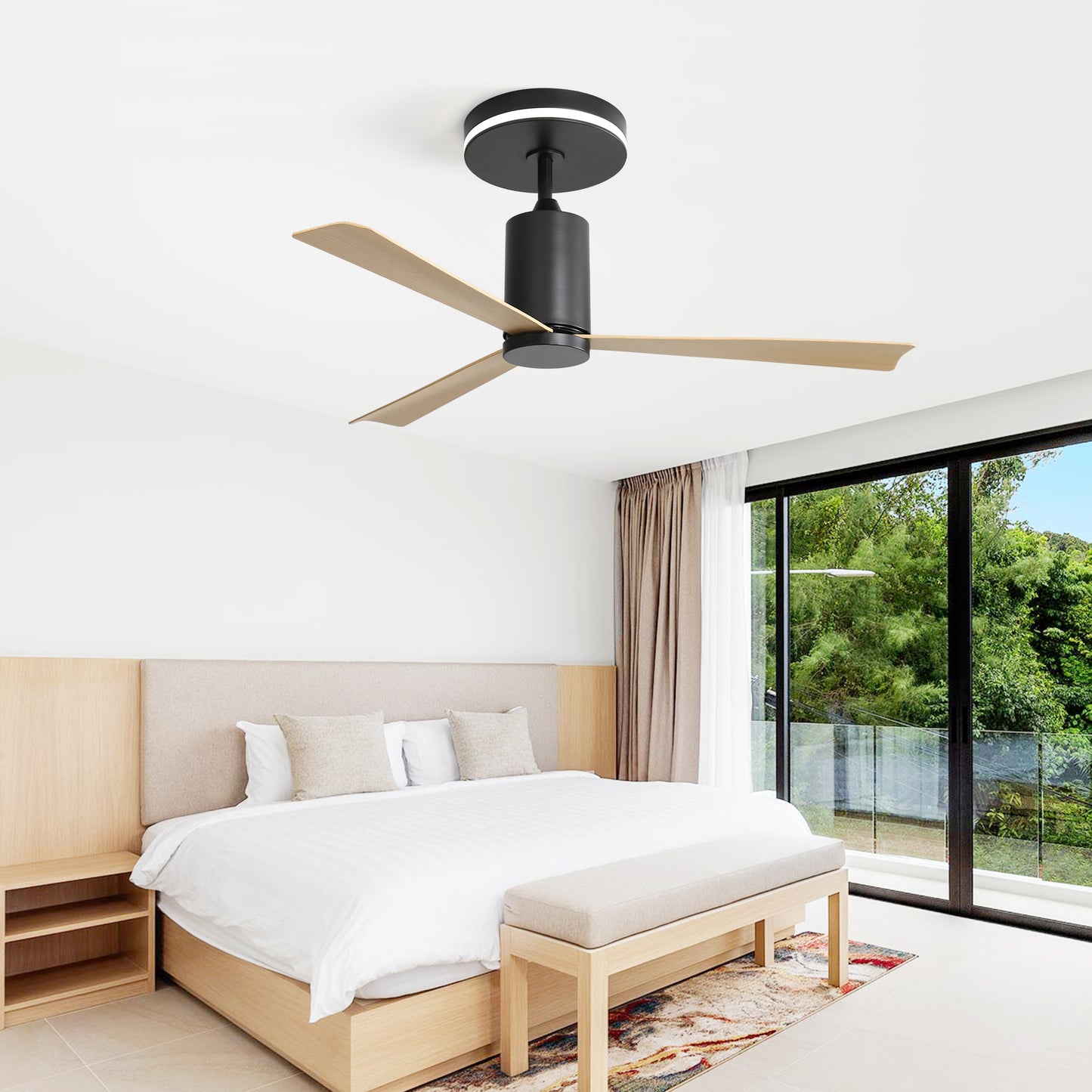 52 Inch Modern Flush Mount Ceiling Fan with LED Light, Remote Control, 3 ABS Blades, Noiseless Reversible DC Motor