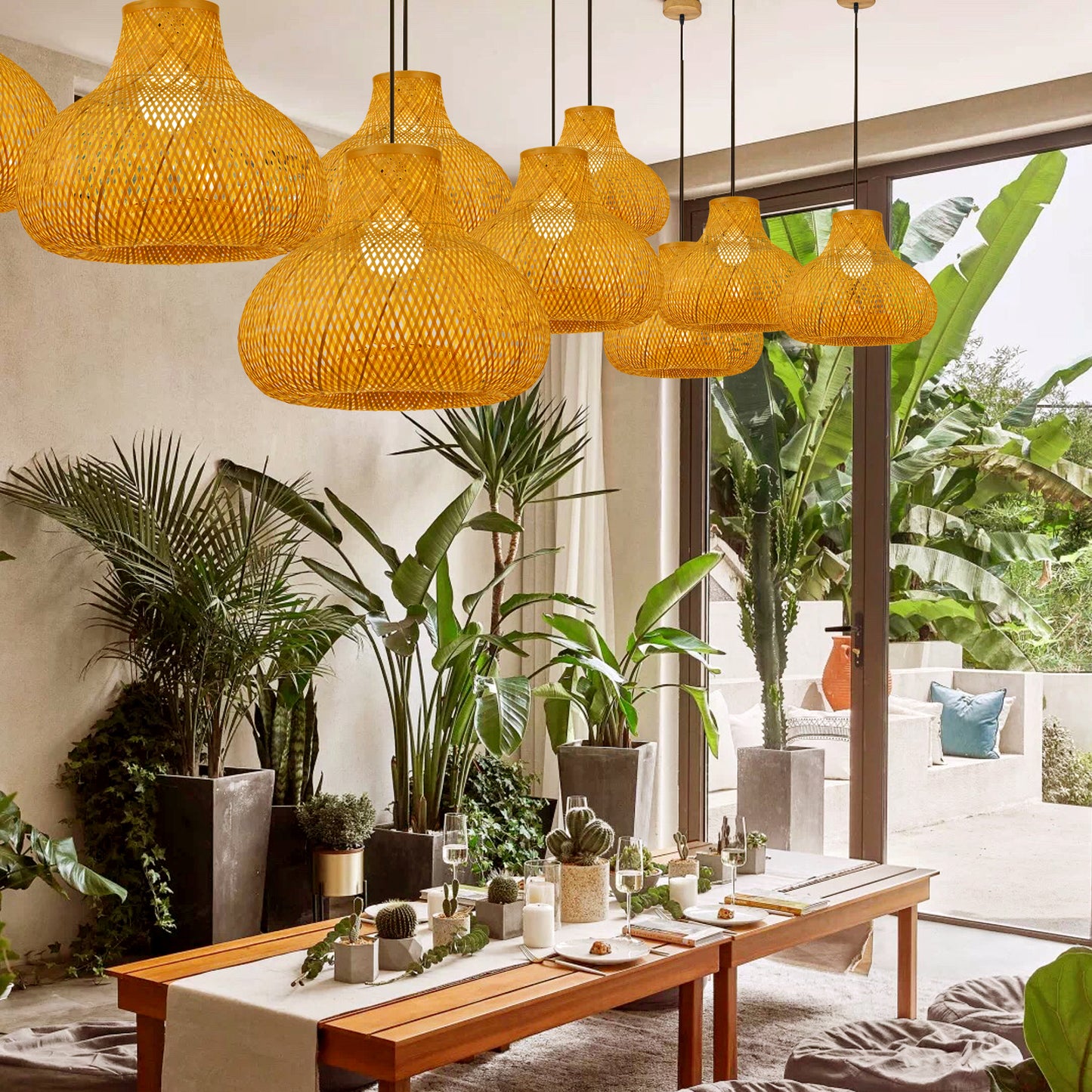 (Q)15.75 Inch Hand Woven Rattan Pendant Light, Bohemian Style Rattan Pendant Light, Suitable for Dining Rooms, Kitchens, Islands, Living Rooms