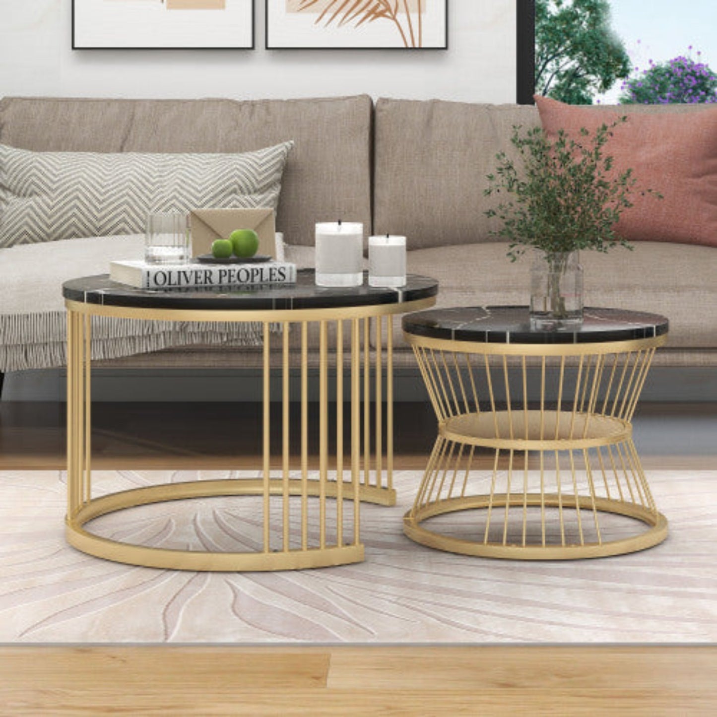 Modern Nesting Coffee Tables- Marble Veneer, BlackGolden Frame, Round Side Tables-Set of 2