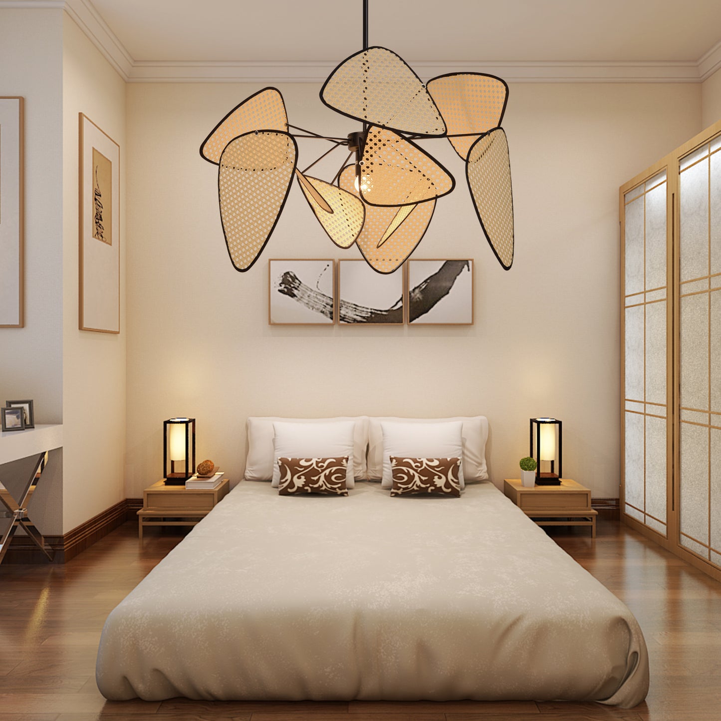 (M)Hollow Fan Blades Combination Rattan Pendant Light Shade For Bedroom Kitchen Island