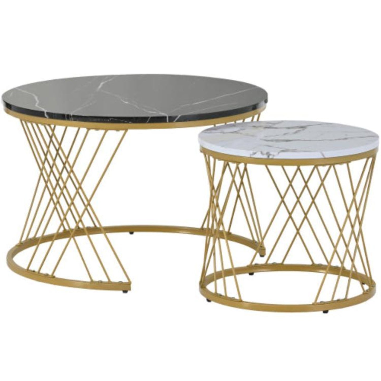 Golden Modern Nesting Coffee Tables,Marble Veneer, Round Set of 2