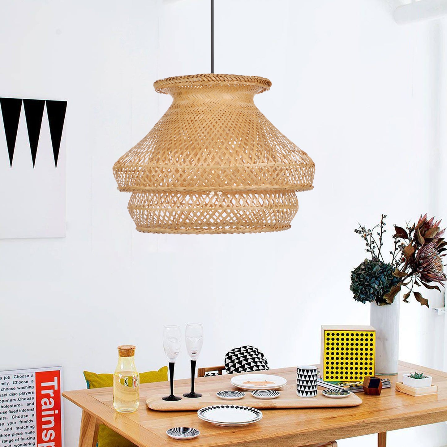 (Q)Handmade Rattan Pendant Light, Countryside Style Double-Layer Lampshade Pendant Light, Suitable for Bedrooms, Living Rooms, Kitchens