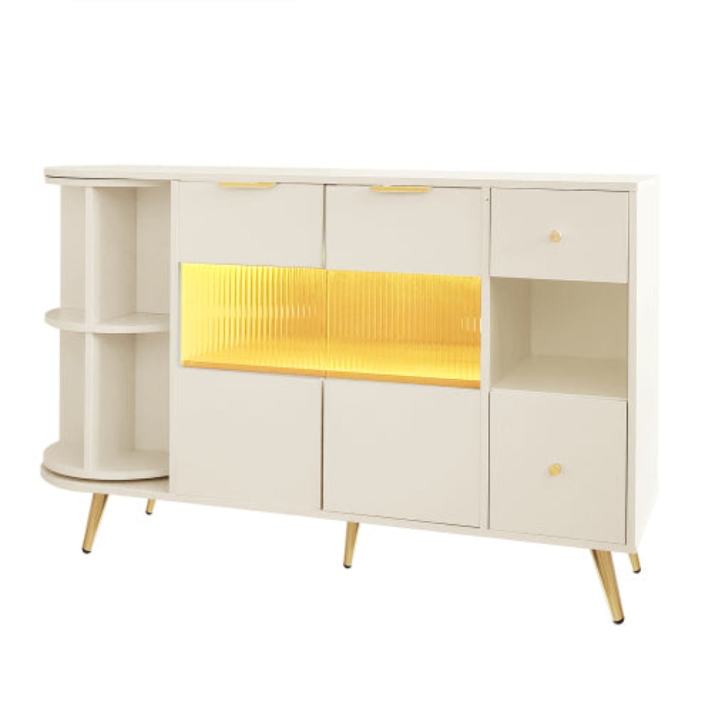 Beige Wooden Sideboard-Sliding Glass Doors, LED Lights, DiningLiving Room Storage Cabinet
