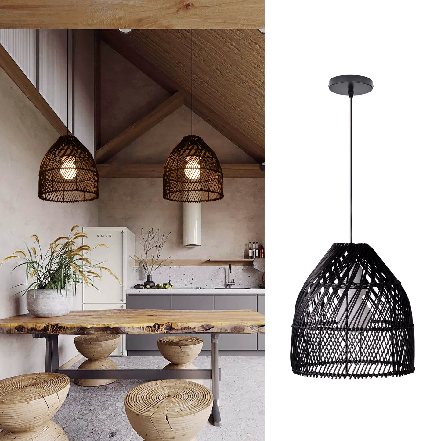 (Q)Handcrafted Rattan Decorative Pendant Light, Modern Industrial Style Black Rattan Pendant Light, Suitable for Restaurant Kitchen Islands