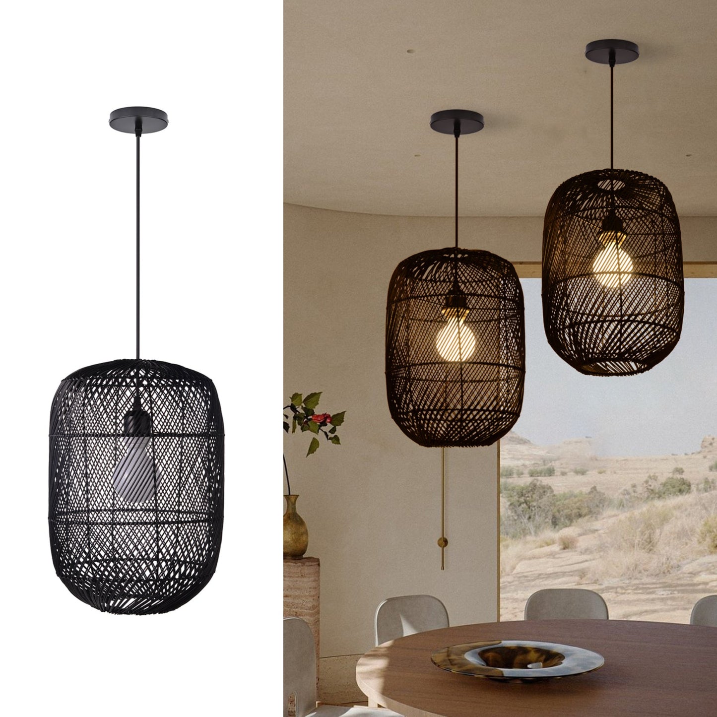(Q)11.8 Inch Black Rattan Hand Woven Pendant Light, Bohemian Style Rattan Woven Pendant Light, Suitable for Bedrooms, Living Rooms, Kitchens