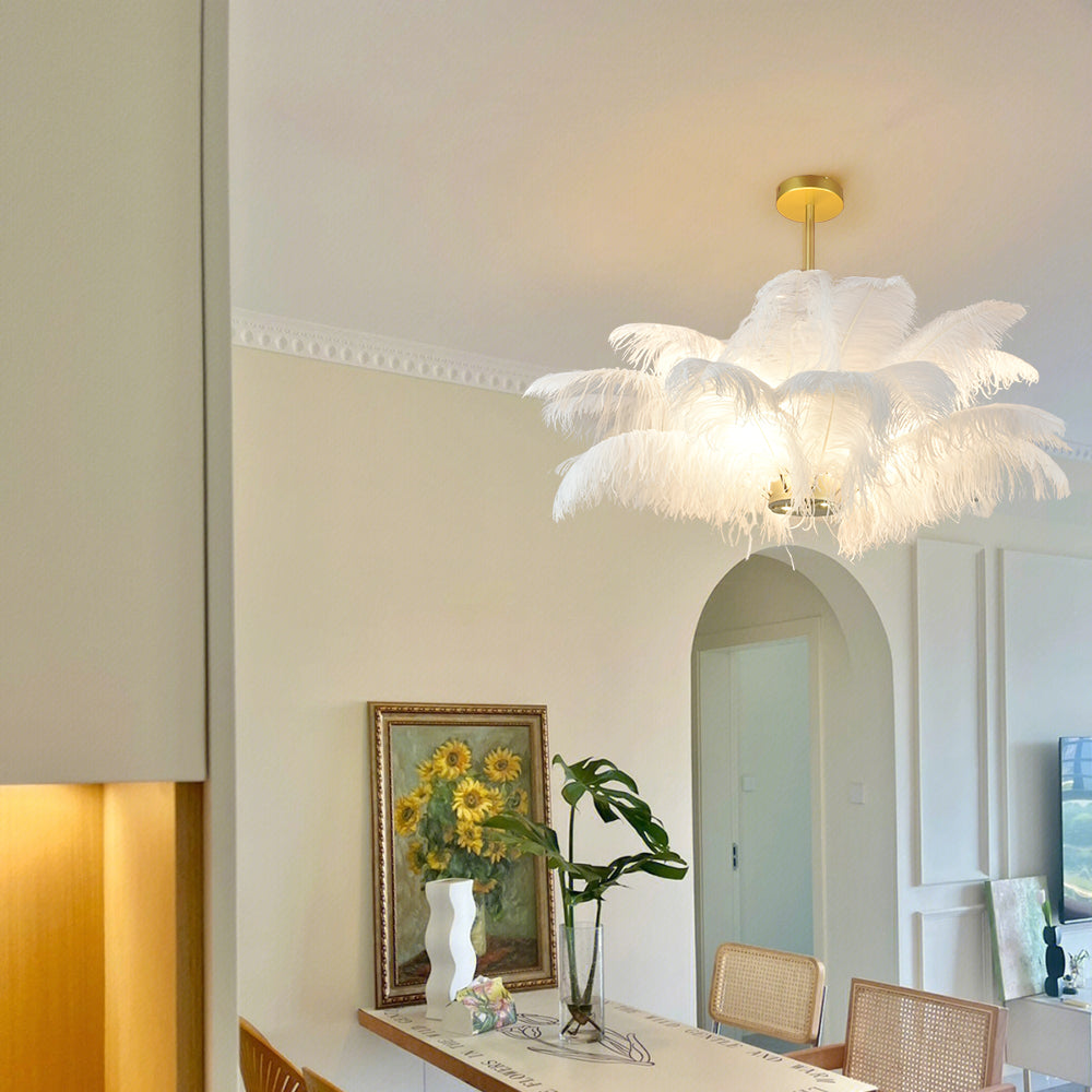 (M)White Feather Chandelier Modern Brass Pendant Light LED for Bedroom Living Room