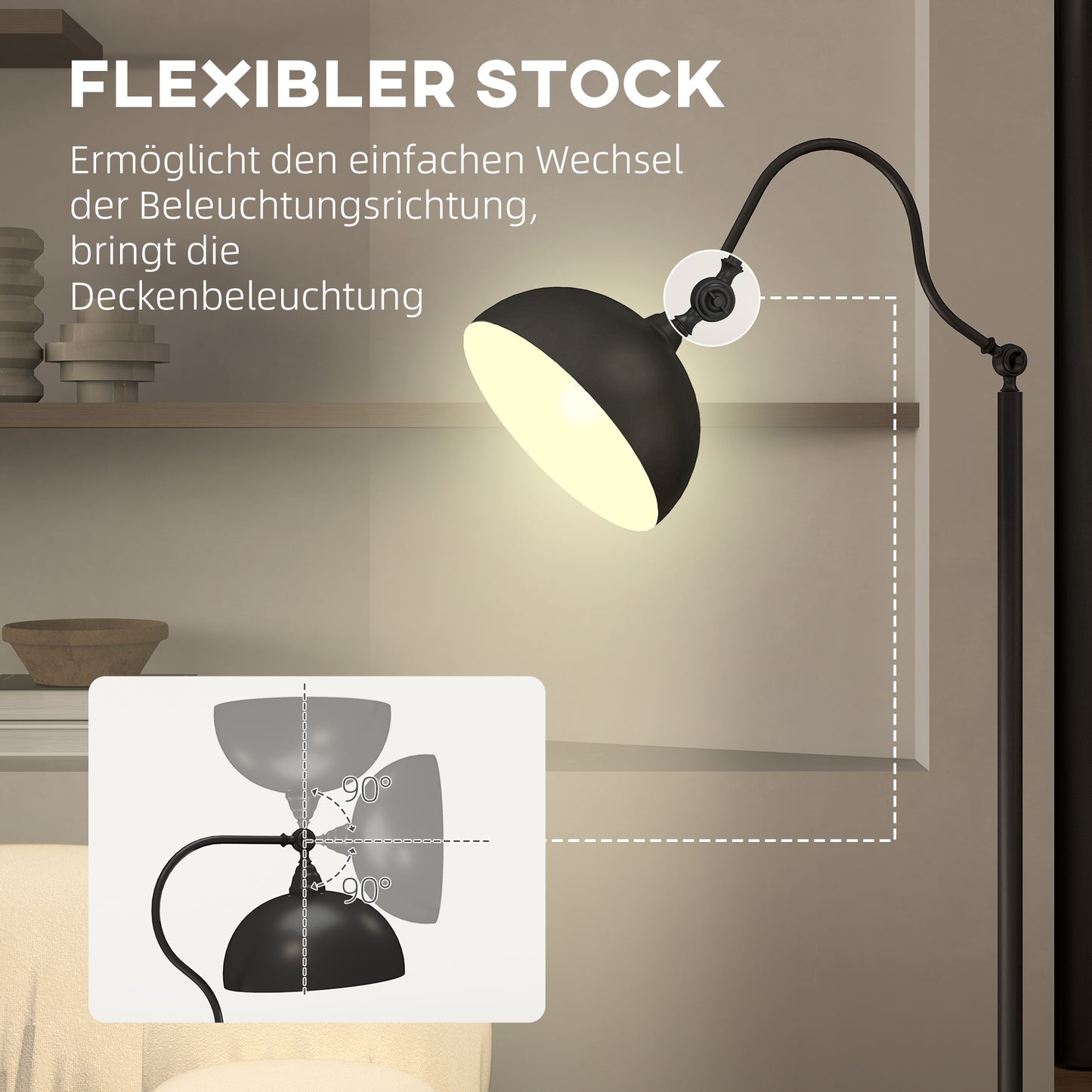 Floor lamp, floor lamp with E27 socket, adjustable lampshade, 40 W, arc lamp in vintage design, stable stand, black