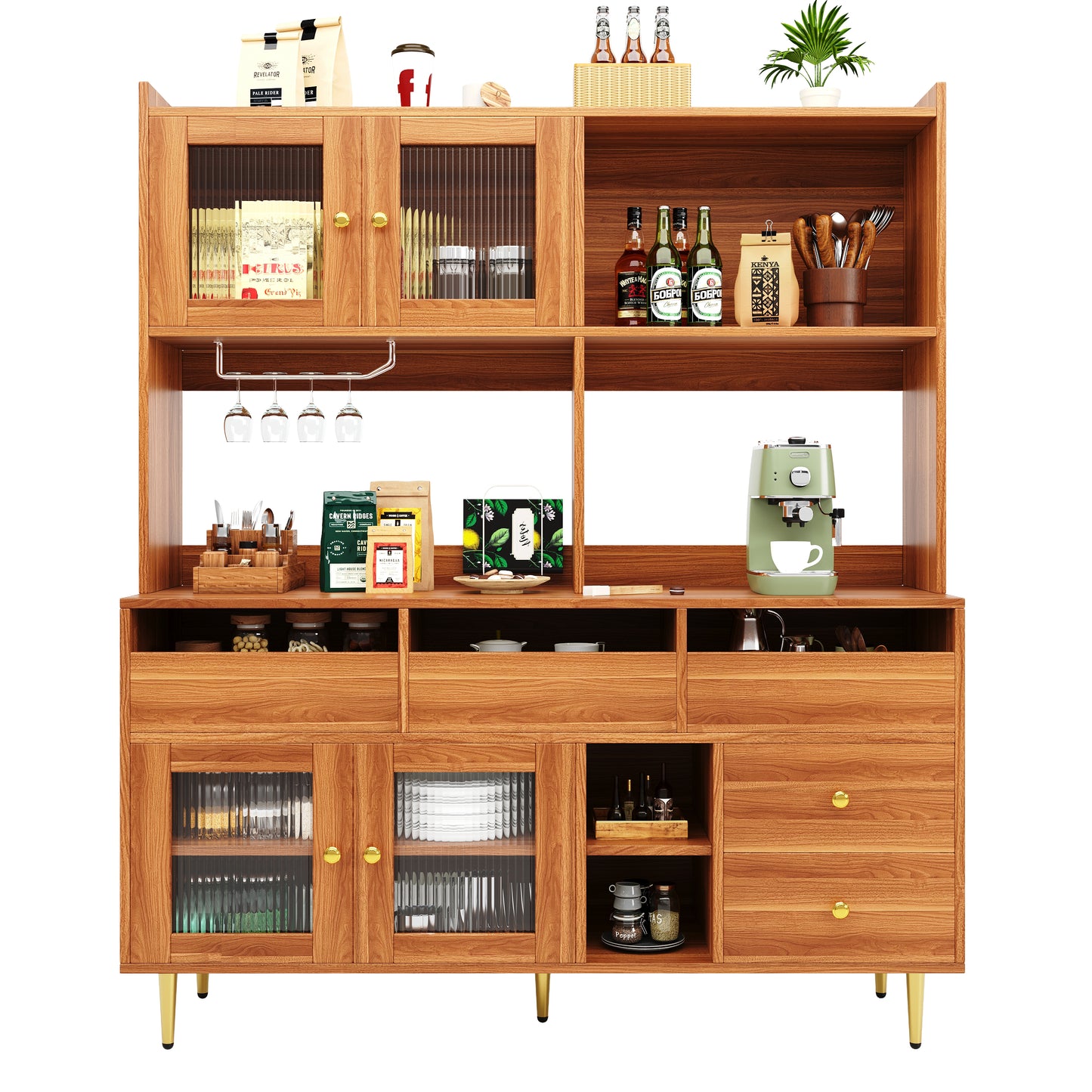 Restaurant Tall Cabinet with Changhong Glass Door, Wine Glass Rack, and Multi-Layer Storage (145x39x171cm)